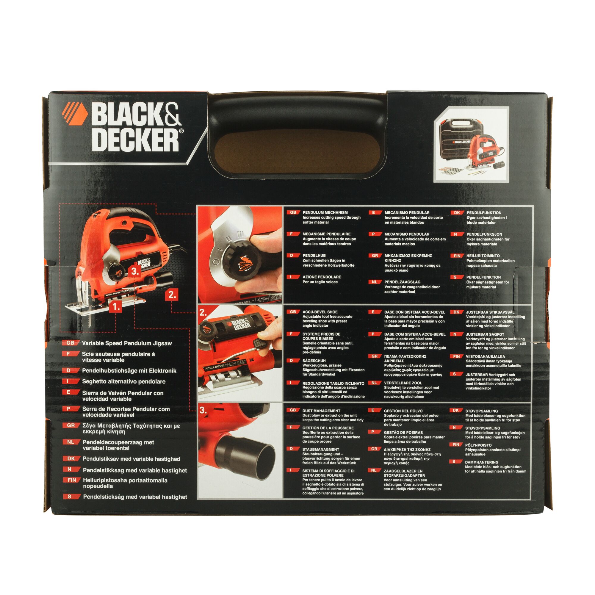 BLACKDECKER KS900EKX pendulum jigsaw product box, rear view with features, black and orange packaging.