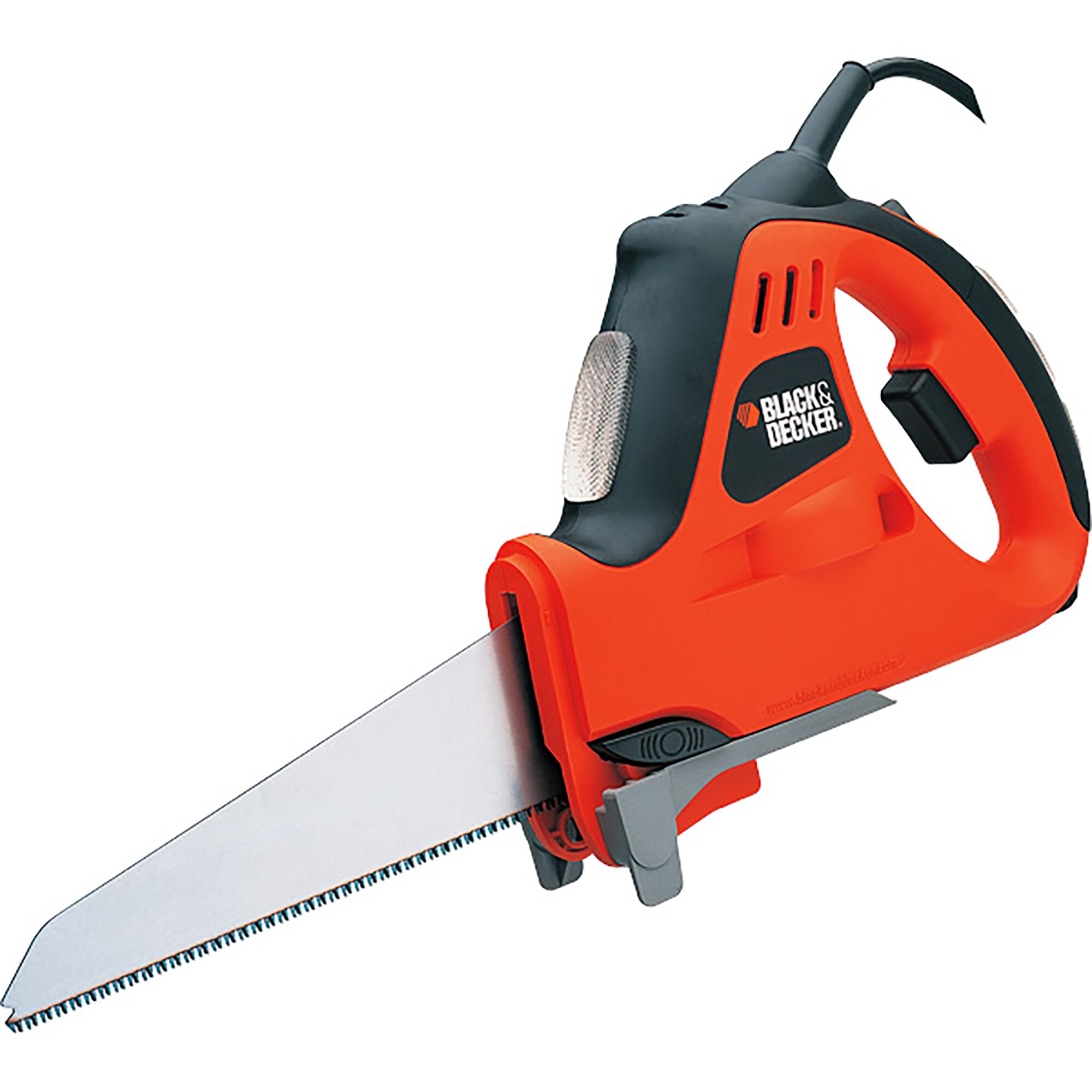 BLACKDECKER KS900G electric handsaw in orange and black, side view on white background.