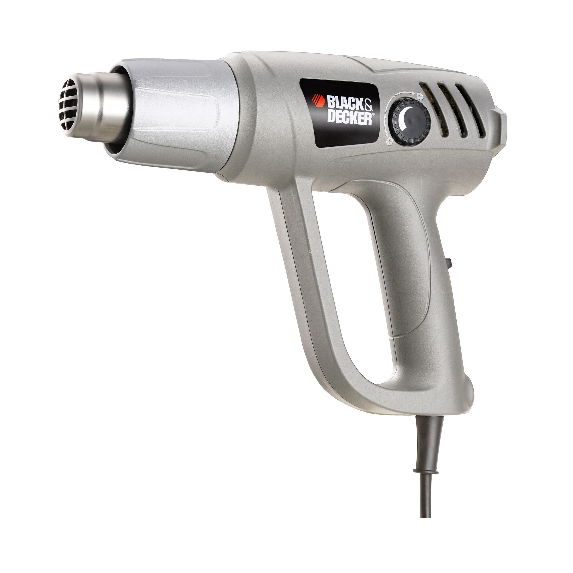 Photo of BLACK+DECKER KTX2500 silver heat gun with dial on right side, angled on white background.