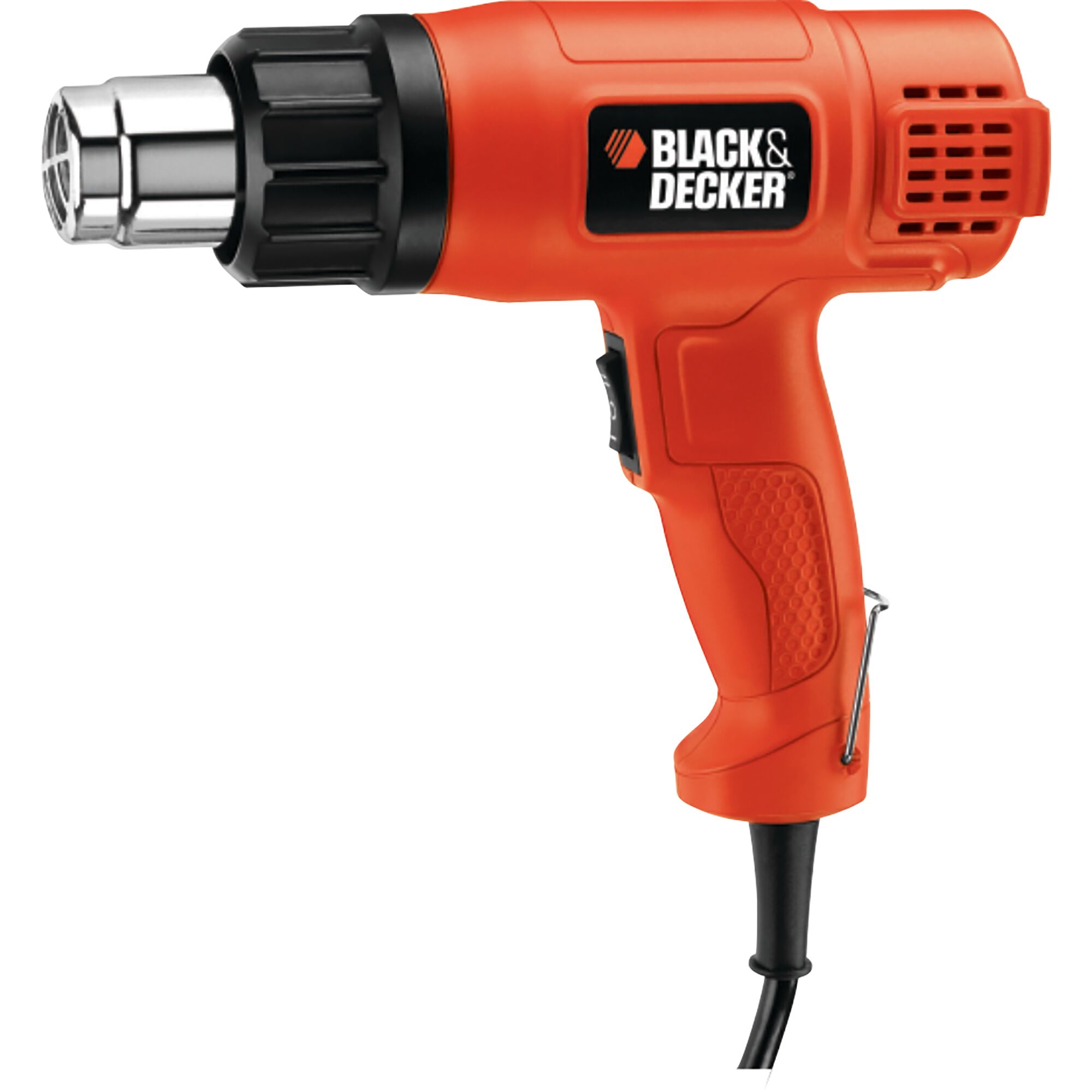 BLACKDECKER heat gun KX1800, orange and black, side angle, corded, with vented grip and metal nozzle.