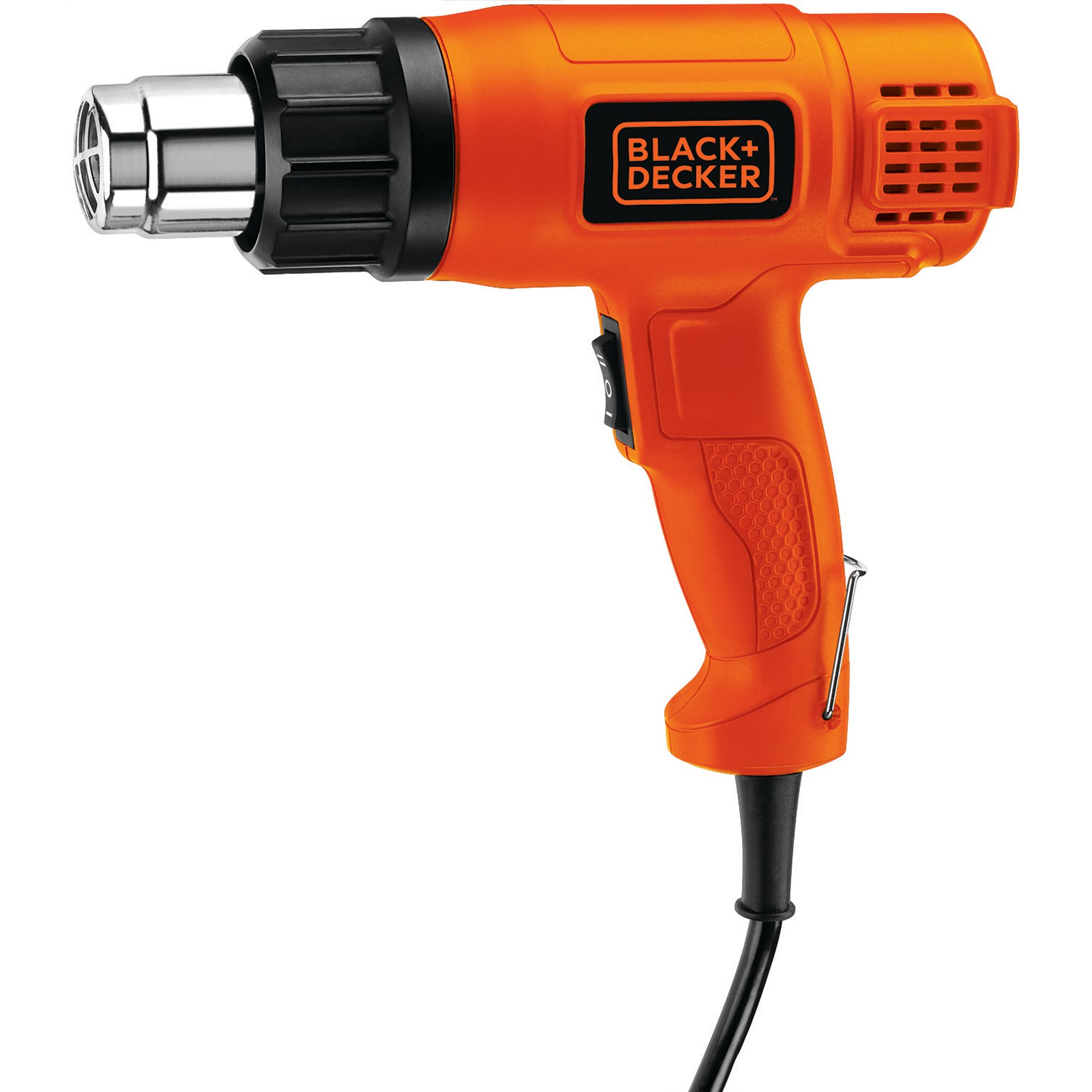 BLACK+DECKER KX1800 orange heat gun with black and metal nozzle, side view, photography category.