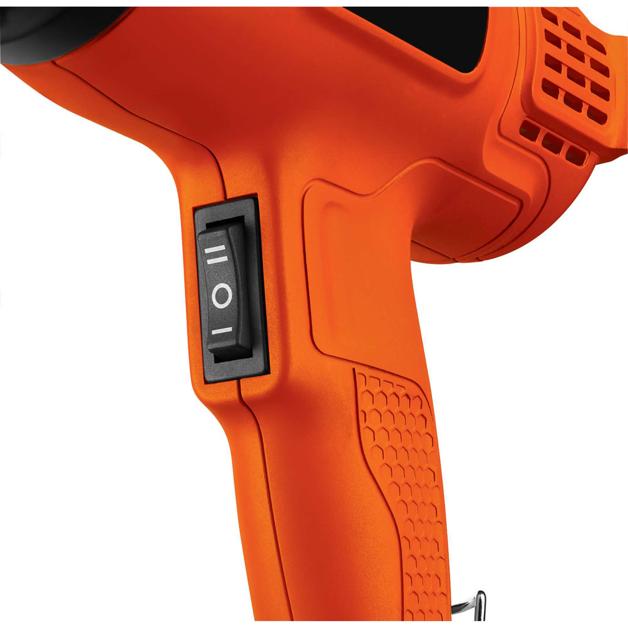 BLACKDECKER KX1800 heat gun handle with textured grip and close-up of power switch, side angle.