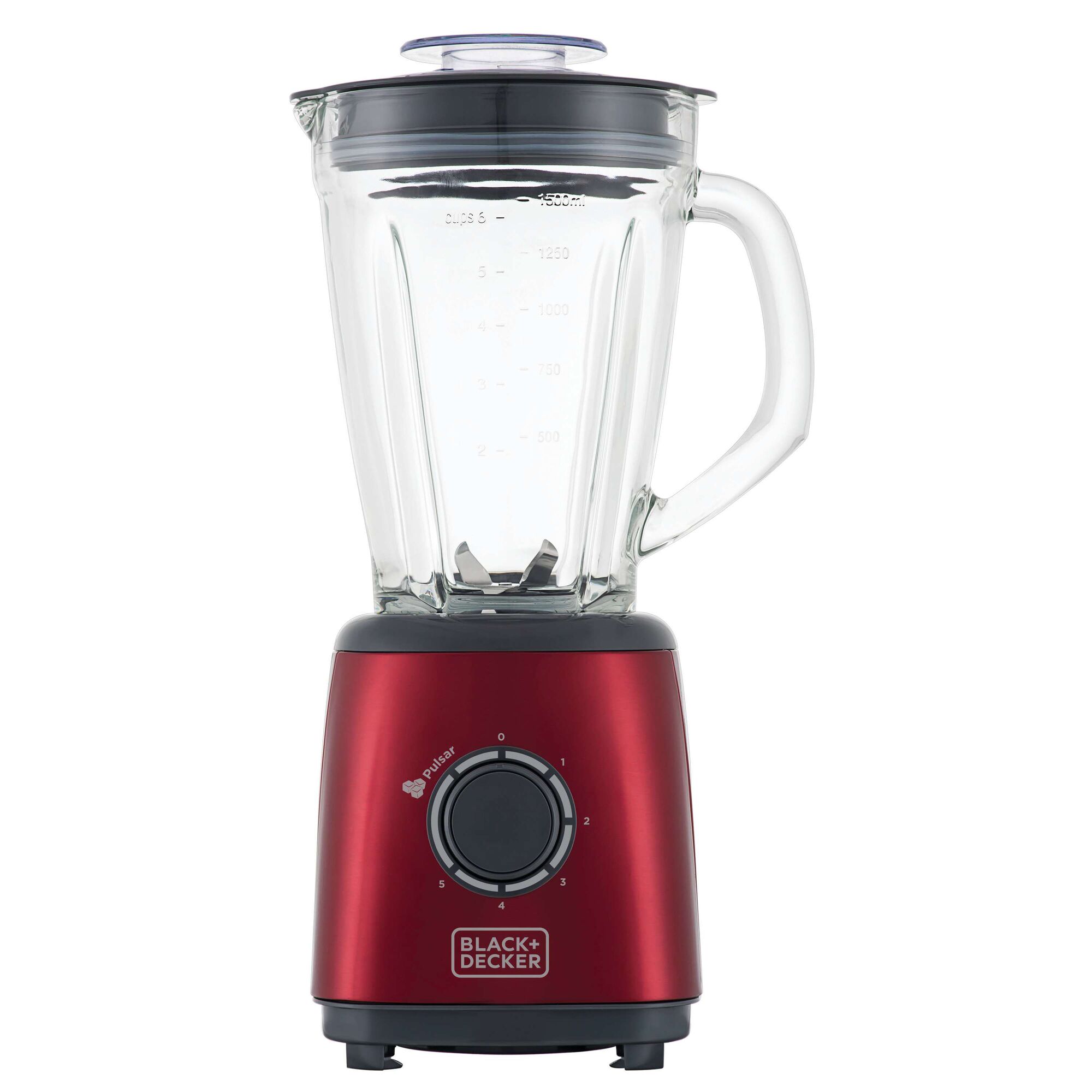 BLACK+DECKER blender L600V, red base, clear glass pitcher, front angle, white background.