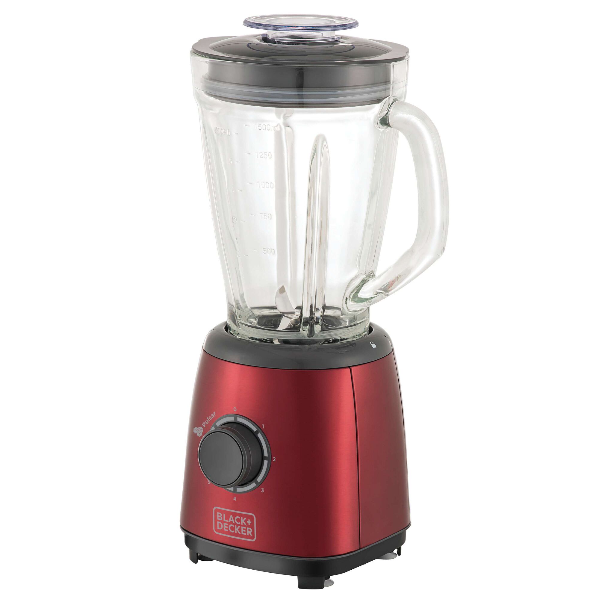 BLACKDECKER L600V red countertop blender with glass jar and black lid, front angle.