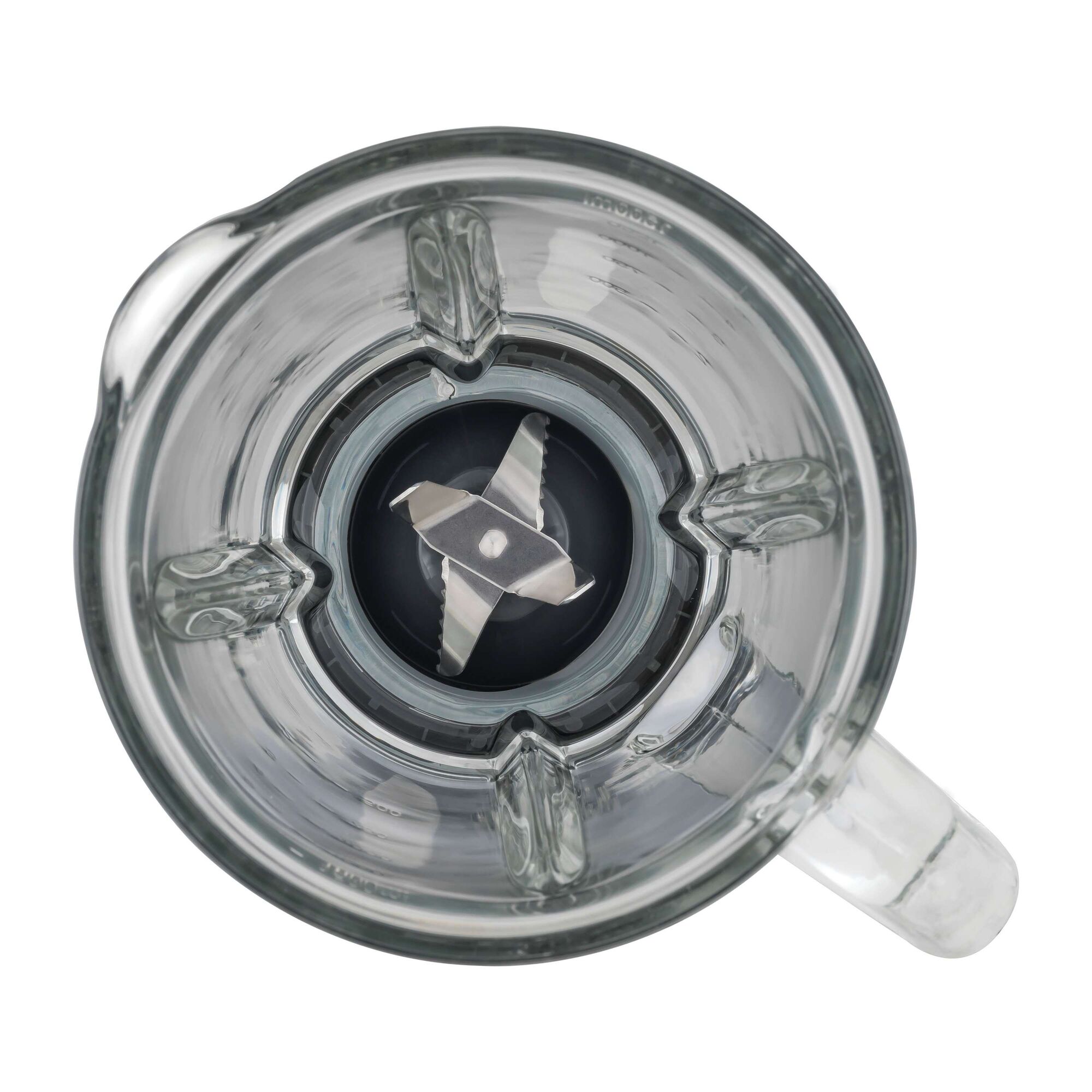 BLACKDECKER blender jar top view with stainless steel blades, clear glass, SKU L600V, white background.