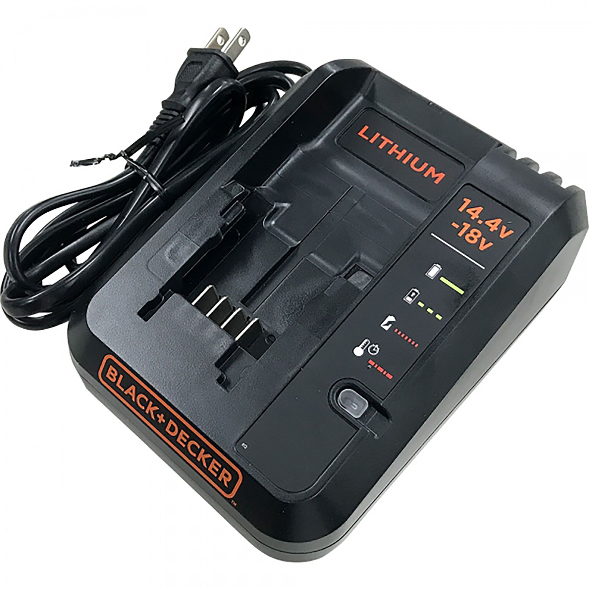BLACKDECKER LC1418N lithium battery charger, black, angled view, 14.4V-18V, with power cord