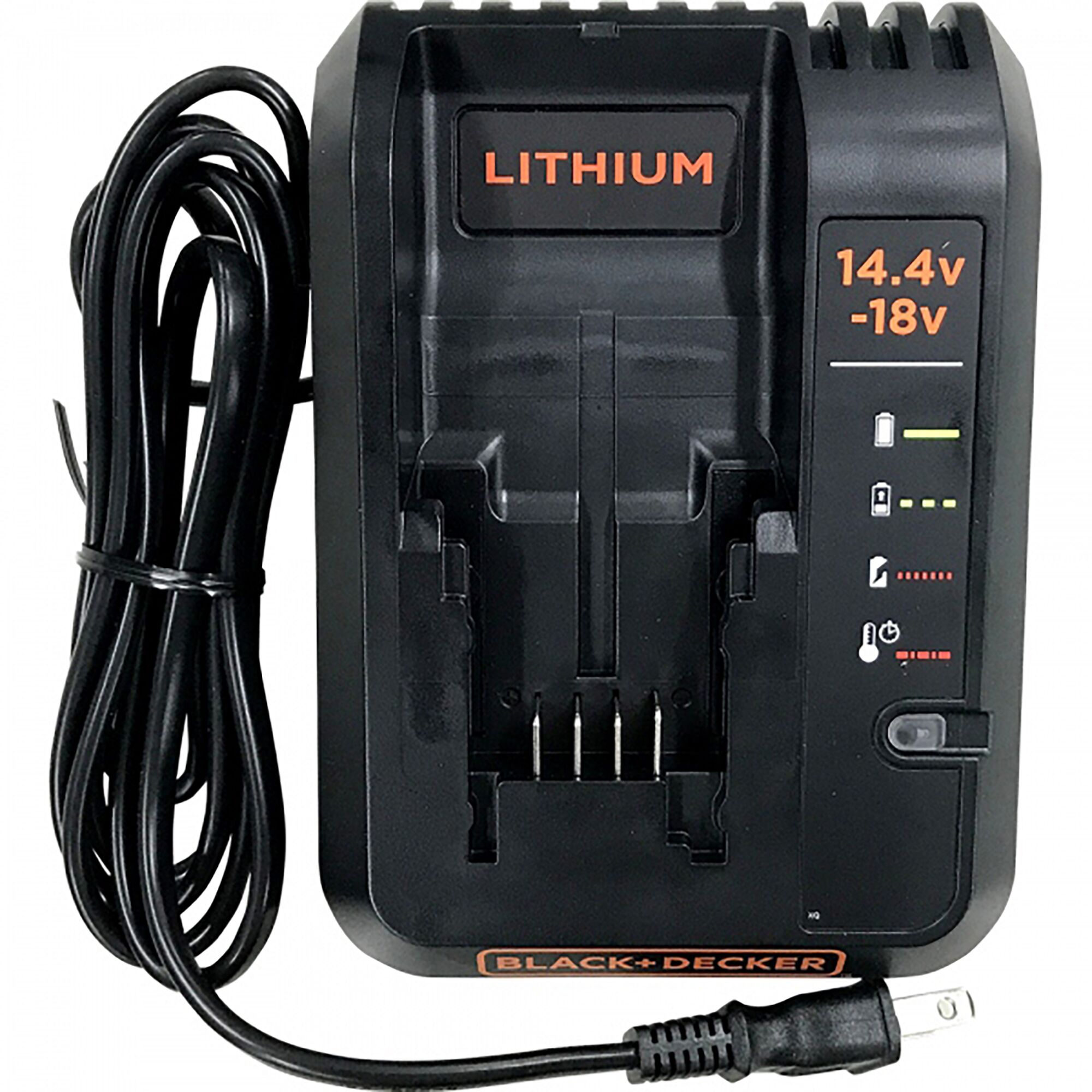 BLACK+DECKER LC1418N lithium battery charger, black, front angle, cord visible, 14.4V-18V indicators.