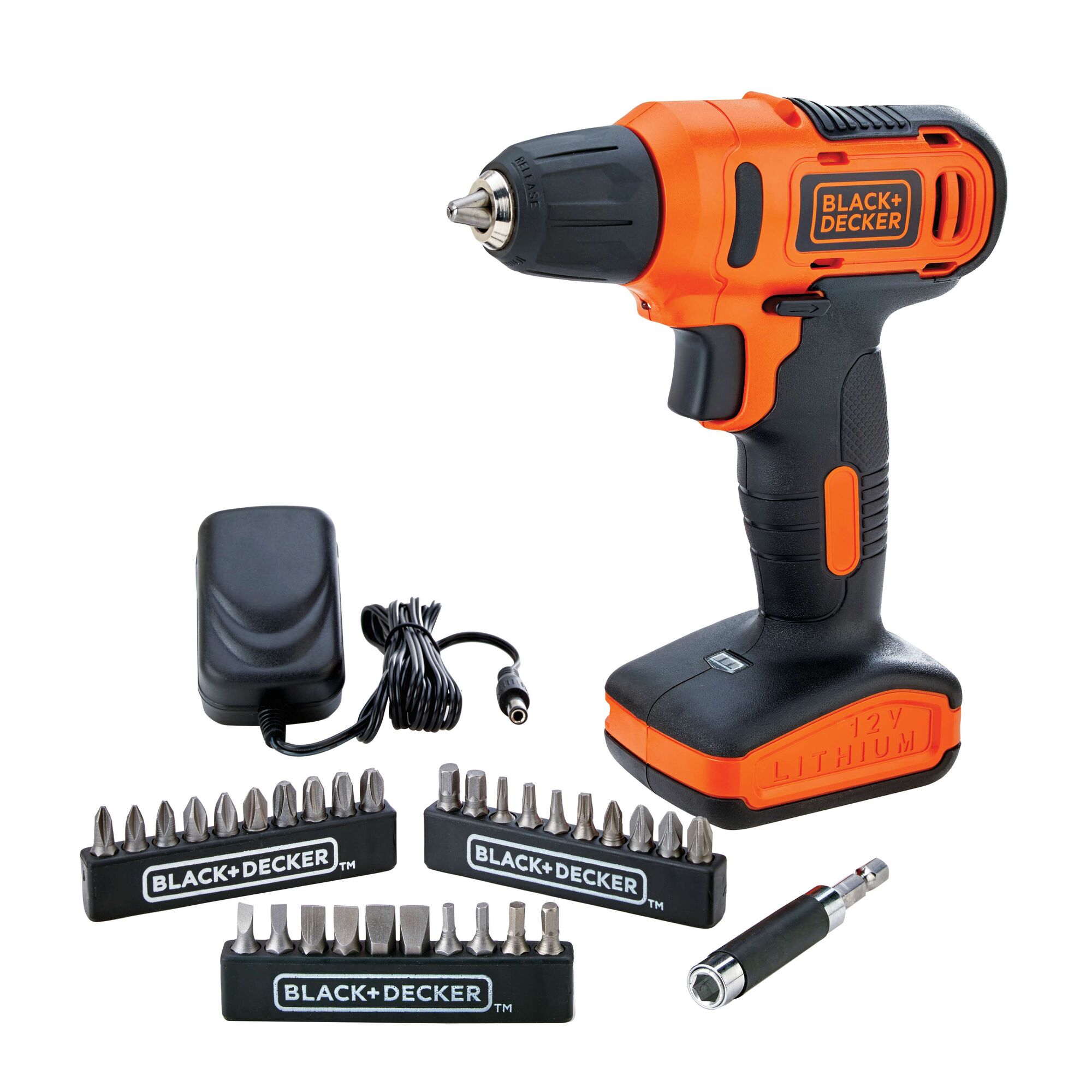 BLACK+DECKER LD12SC cordless drill kit with charger and multiple screwdriver bits, front angle.