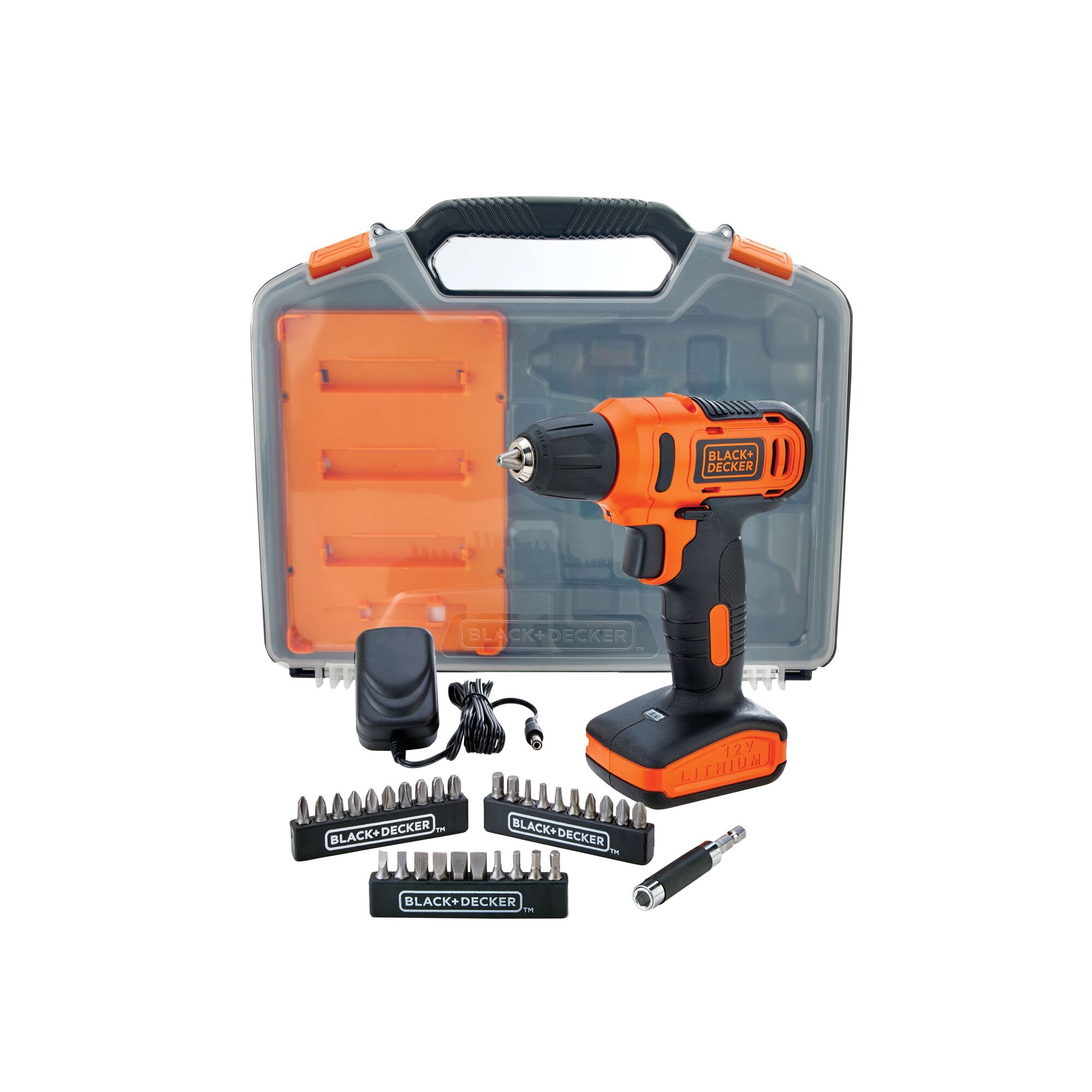 BLACKDECKER LD12SC cordless drill kit with orange and black drill, battery, charger, bits, and carrying case, front angle.