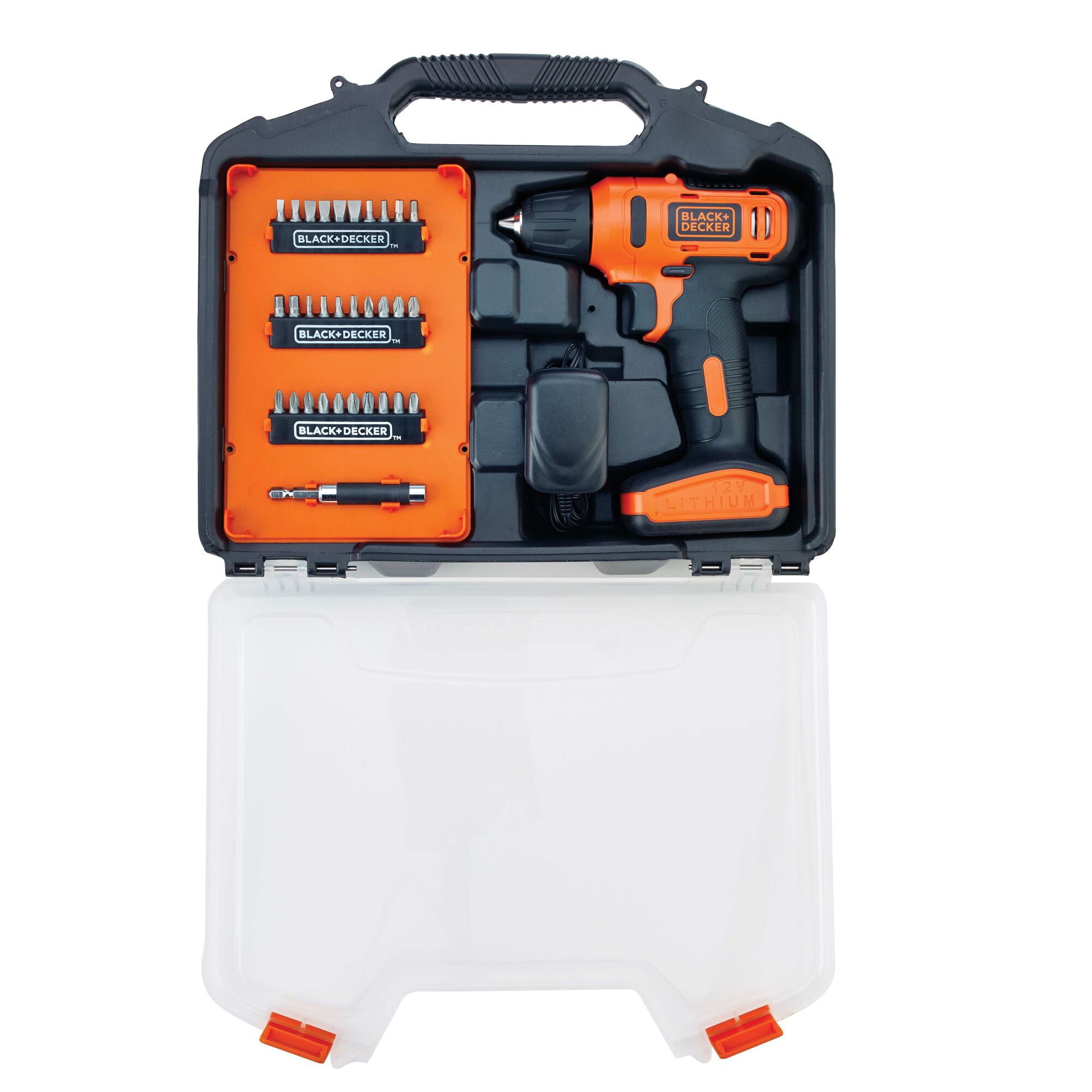 BLACKDECKER LD12SC cordless drill kit with orange and black drill, charger, and screwdriver bits in case, top view.