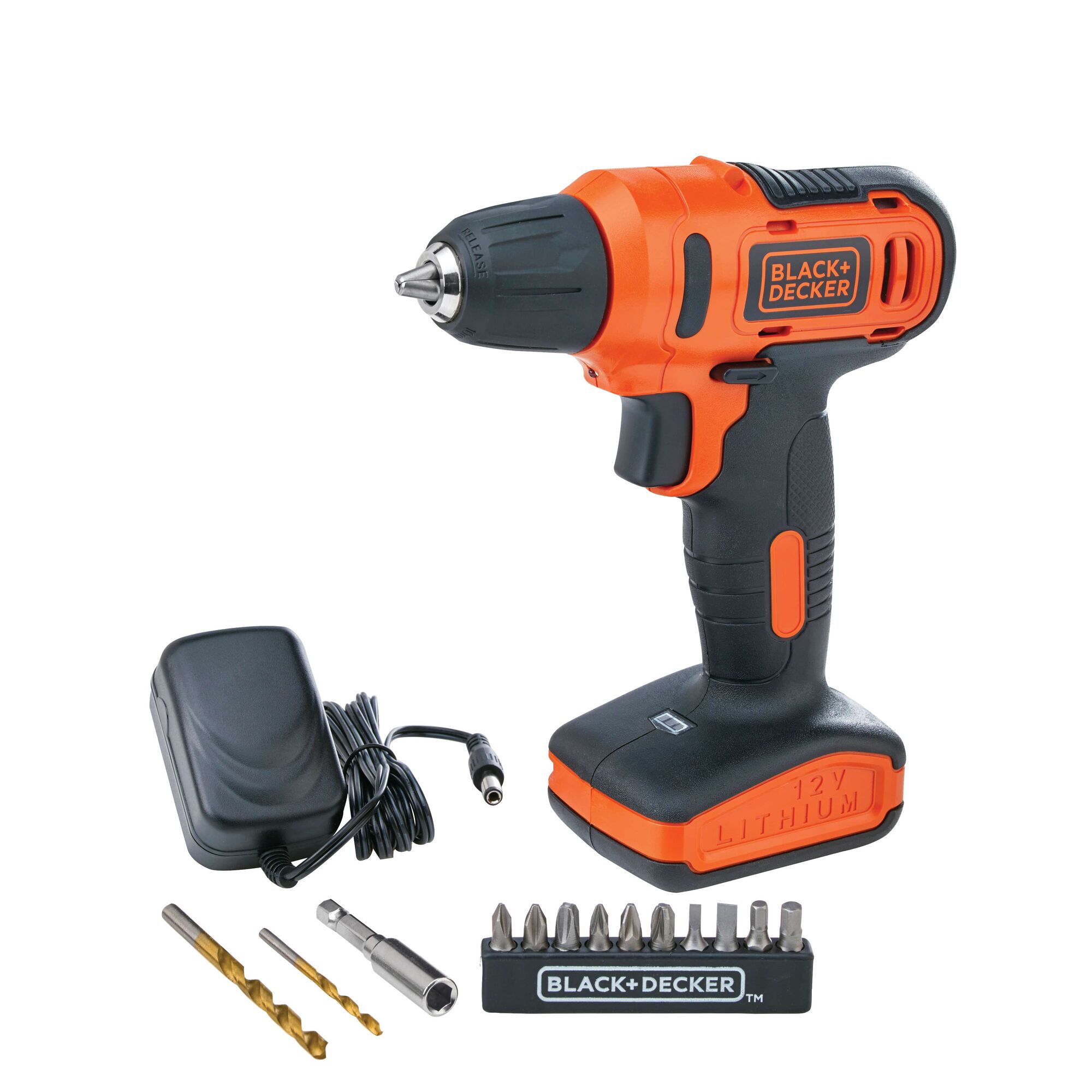 BLACKDECKER LD12SP cordless drill kit with charger, drill bits, screwdriver bits, and black-orange body, front angle.