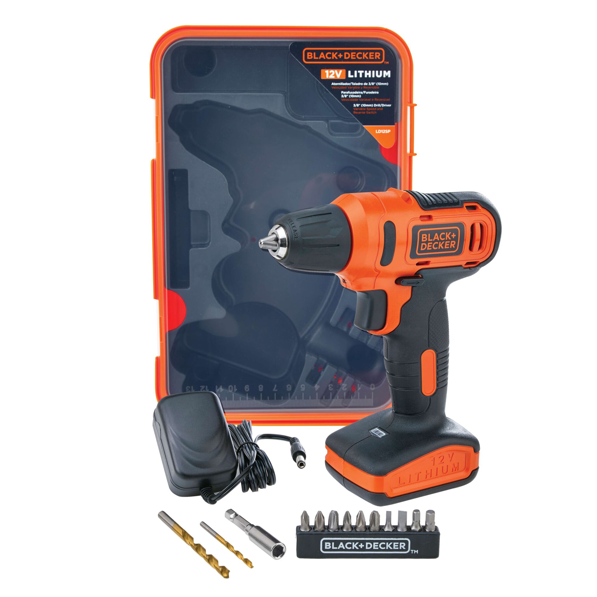 BLACK+DECKER LD12SP cordless drill kit with 12V lithium drill, charger, two drill bits, screwdriver bits, and case, front angle.