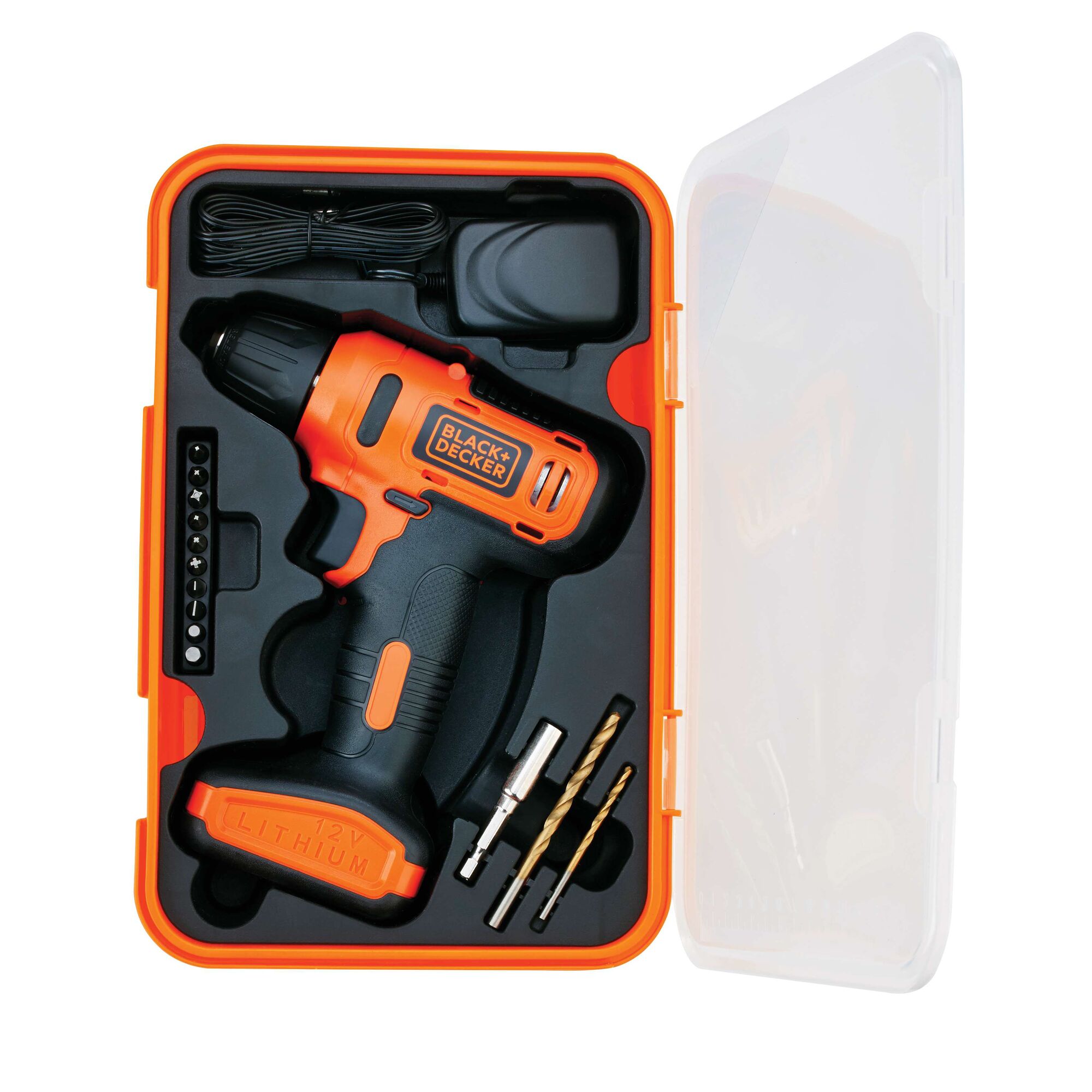BLACKDECKER LD12SP cordless drill kit with charger, bits and orange carrying case, top angle.