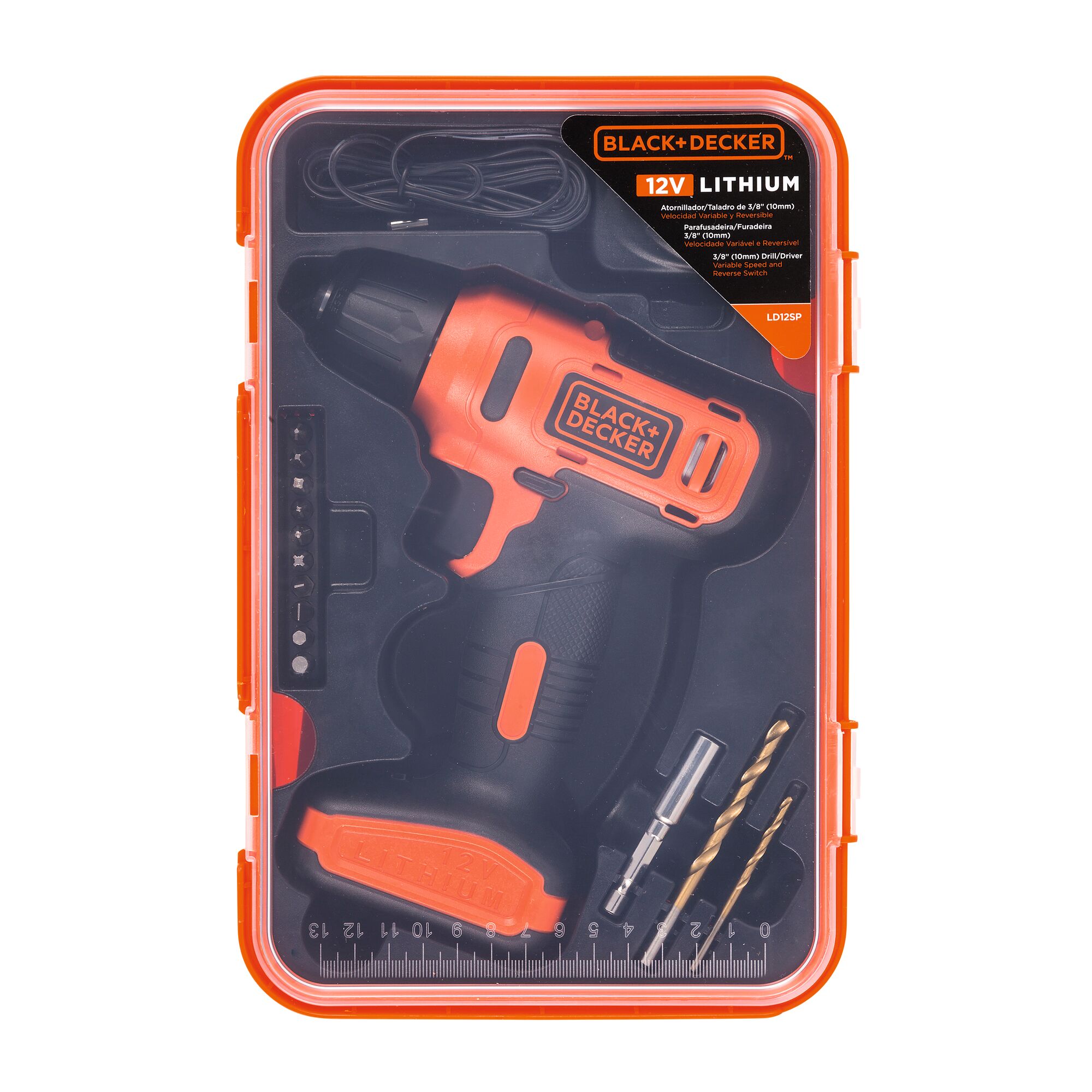 BLACK+DECKER 12V lithium cordless drill set LD12SP with accessories in transparent orange case, top view.