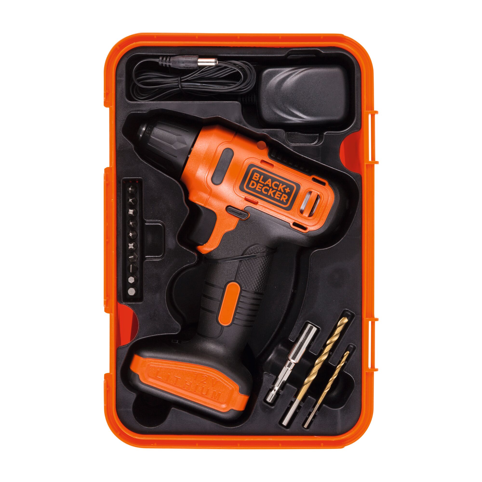 BLACK+DECKER LD12SP cordless drill kit in orange plastic case, includes drill bits, screwdriver bits, and charger, top view.