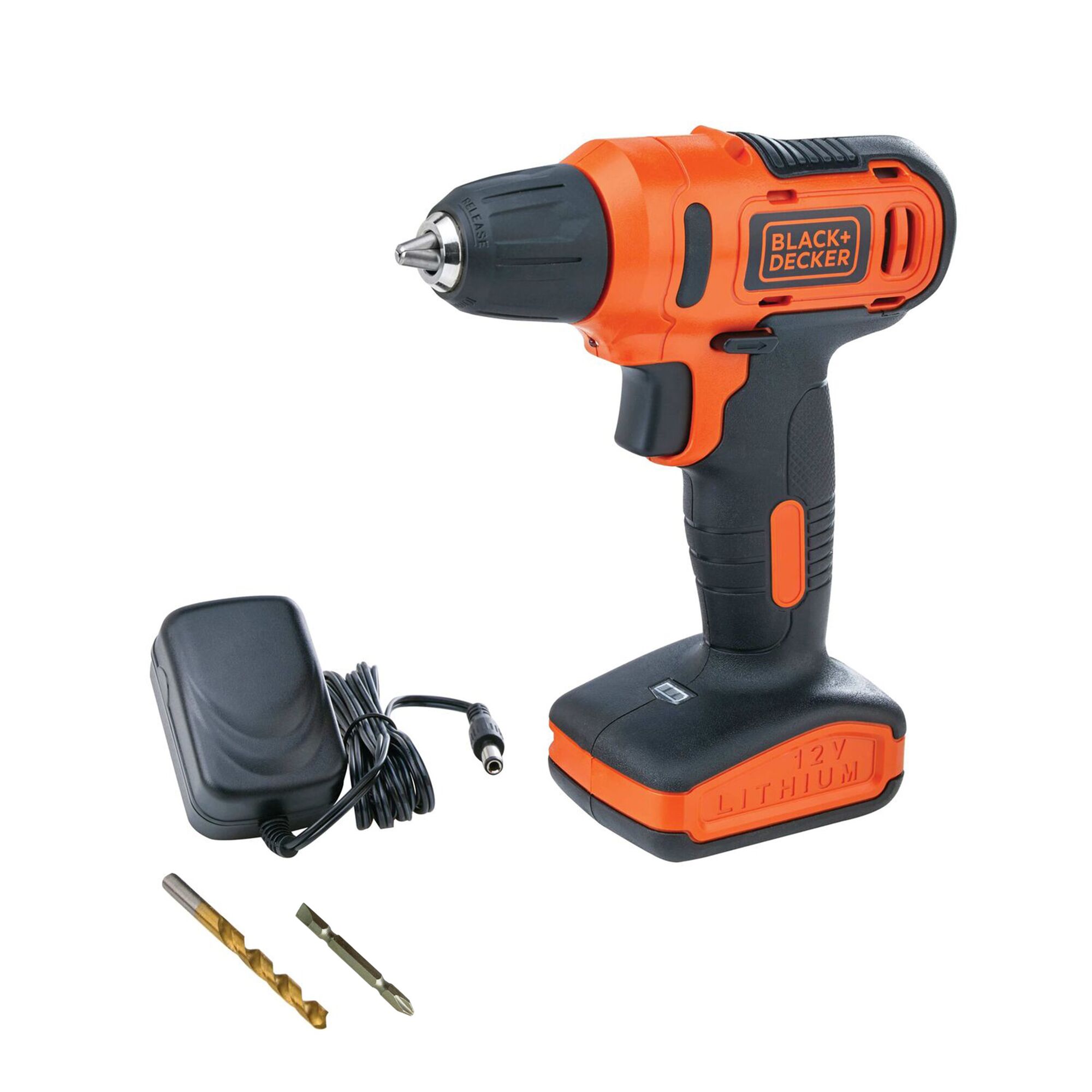 BLACKDECKER LD12SQ cordless drill set with charger and drill bits, front angle on white background.