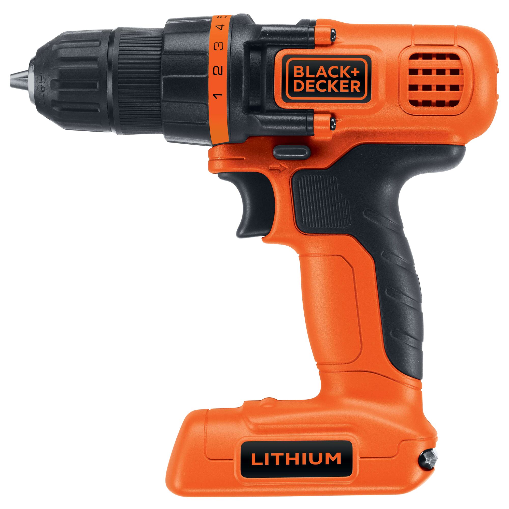BLACK+DECKER LDX172C cordless orange and black lithium drill, left side view, white background.