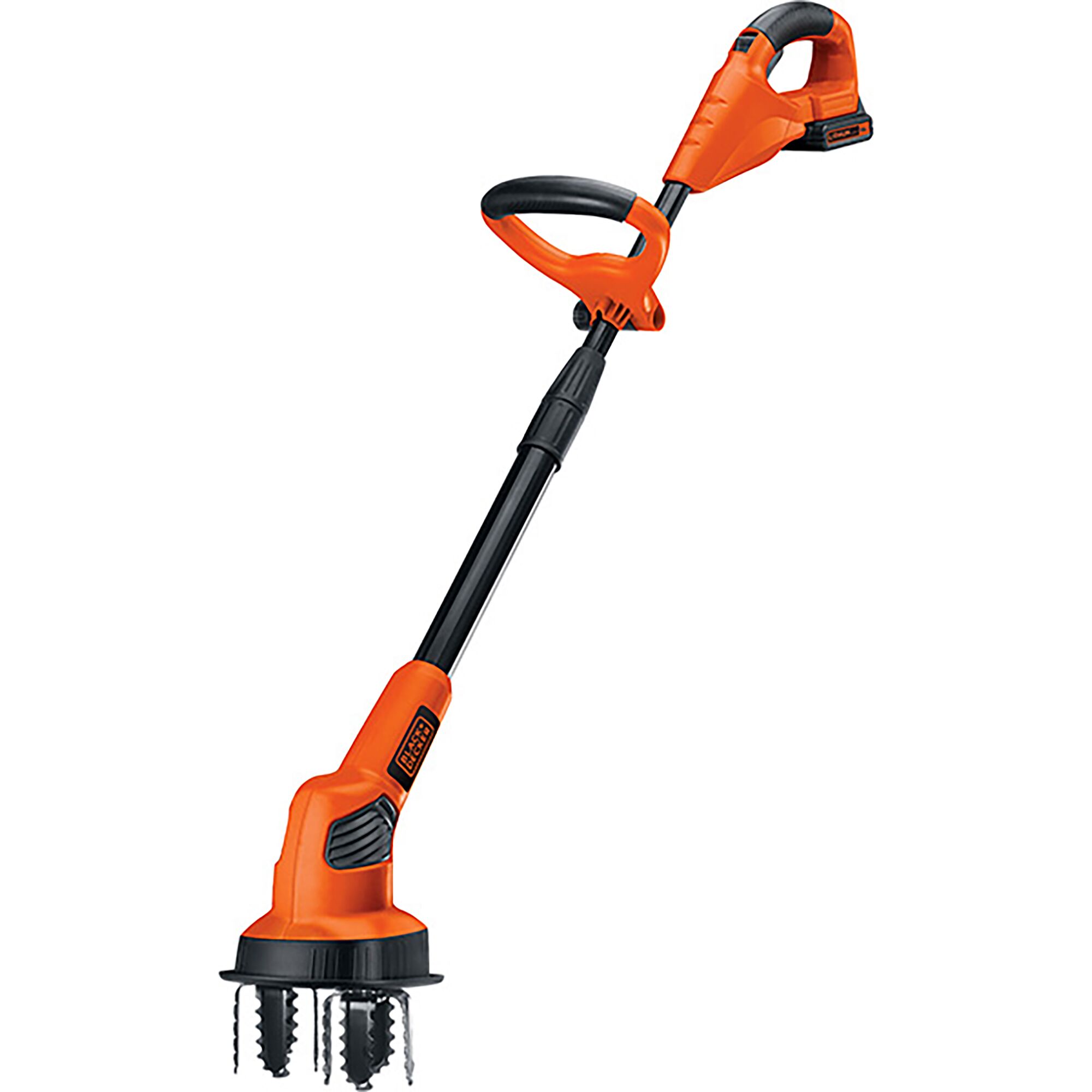BLACKDECKER LGC120N cordless garden cultivator, orange and black, side angle, photography