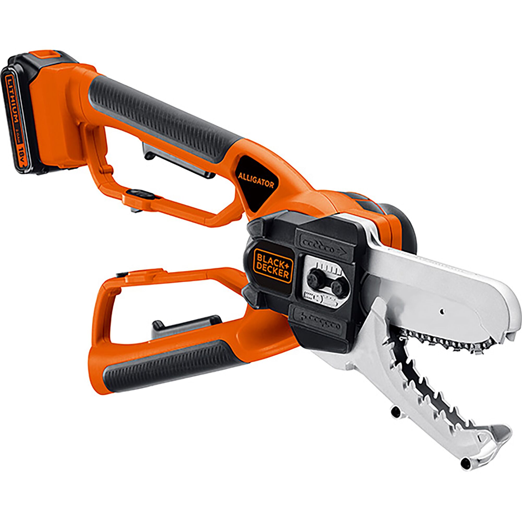 BLACKDECKER LLP18BN cordless alligator lopper saw, orange and black, side angle, white background.