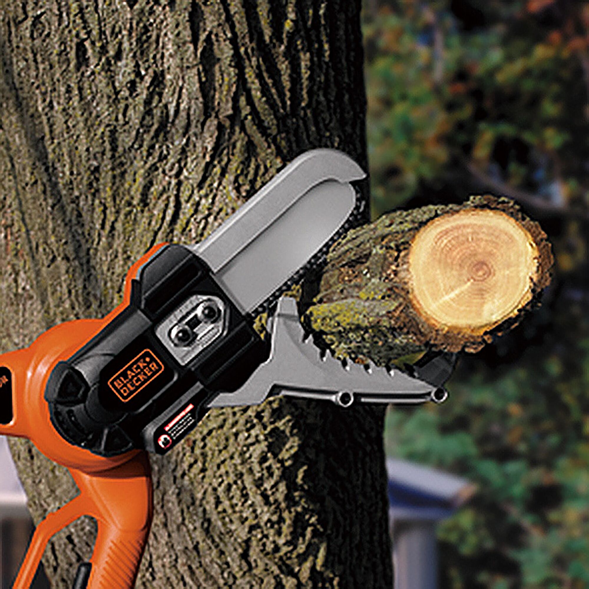 BLACKDECKER LLP18BN electric chainsaw cutting a tree branch outdoors.