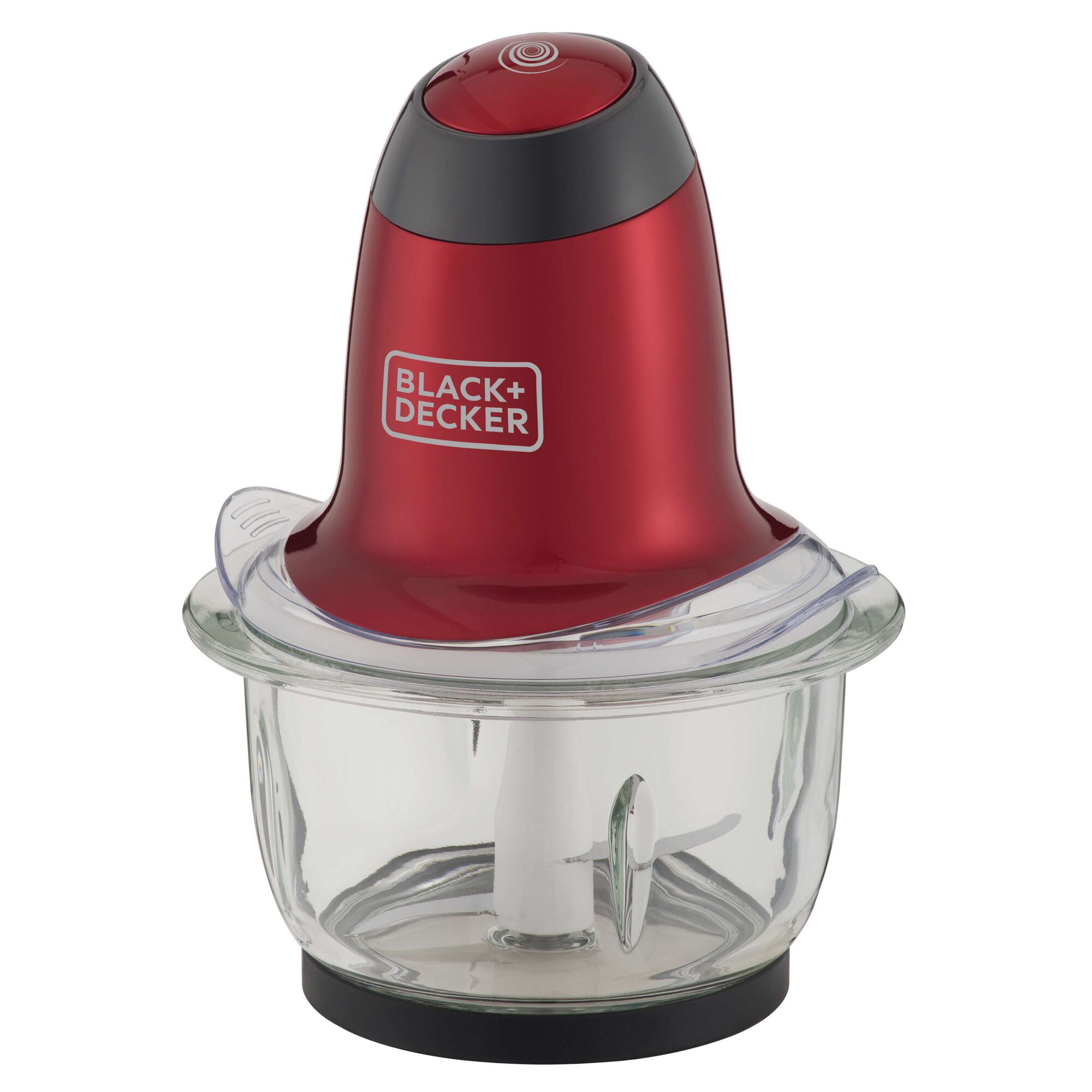 BLACKDECKER MP200V food processor in red and black, glass bowl, front angle, white background.
