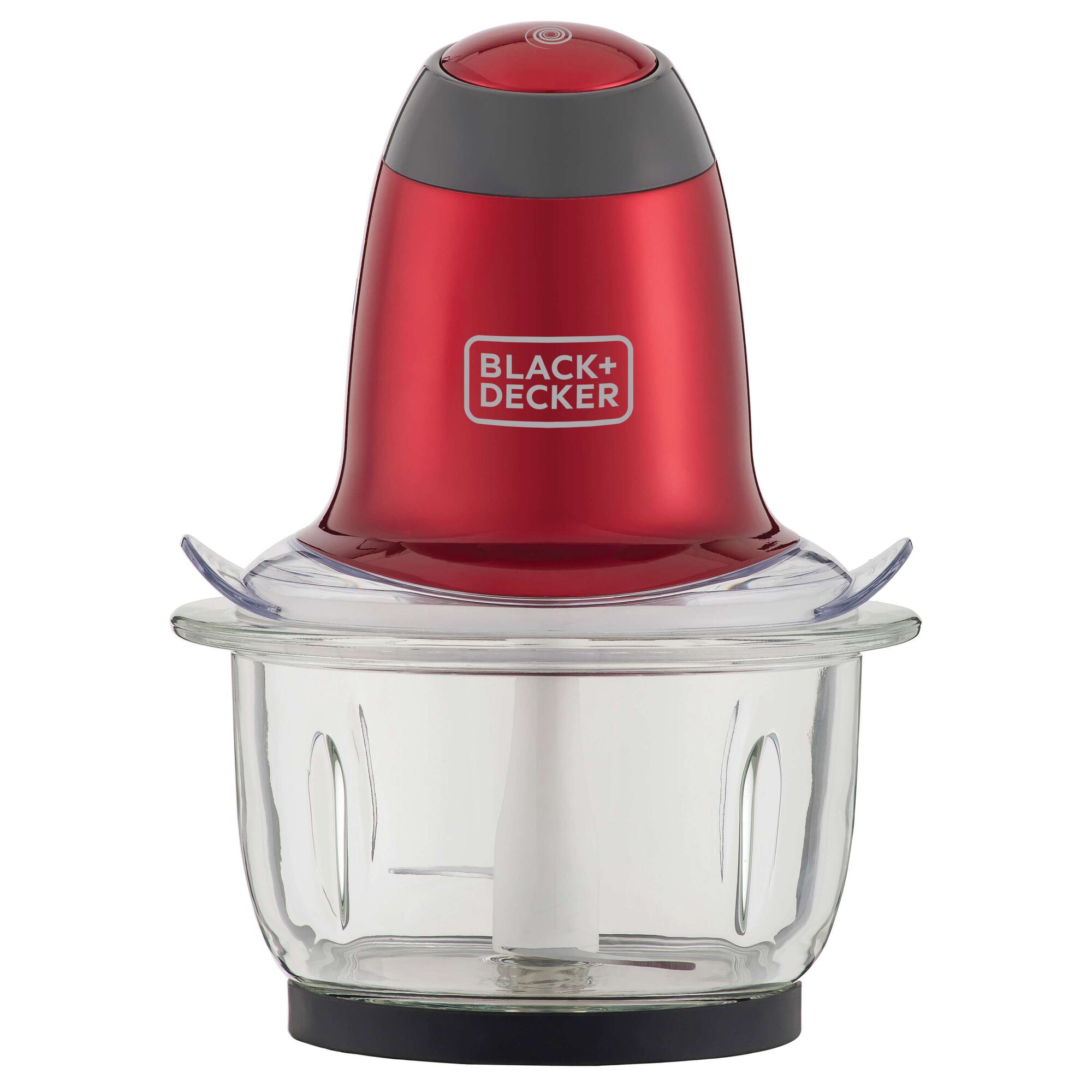 BLACK+DECKER MP200V red food chopper with glass bowl, front angle, white background.