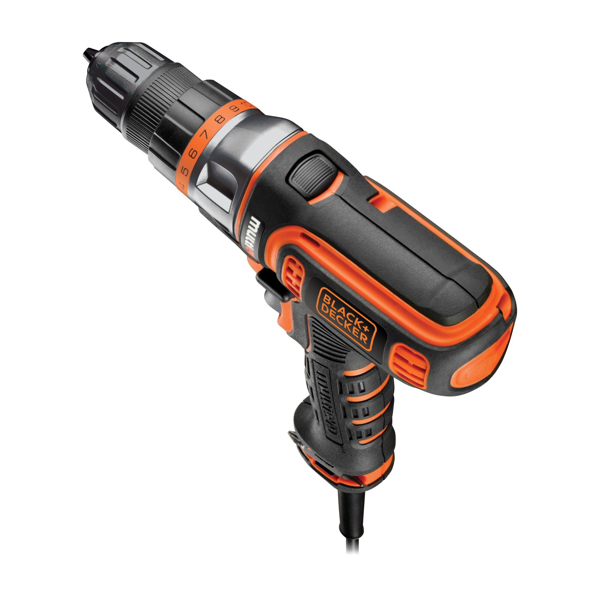 A BLACK+DECKER electric drill with a black and orange design, featuring a corded handle and adjustable settings for various tasks.