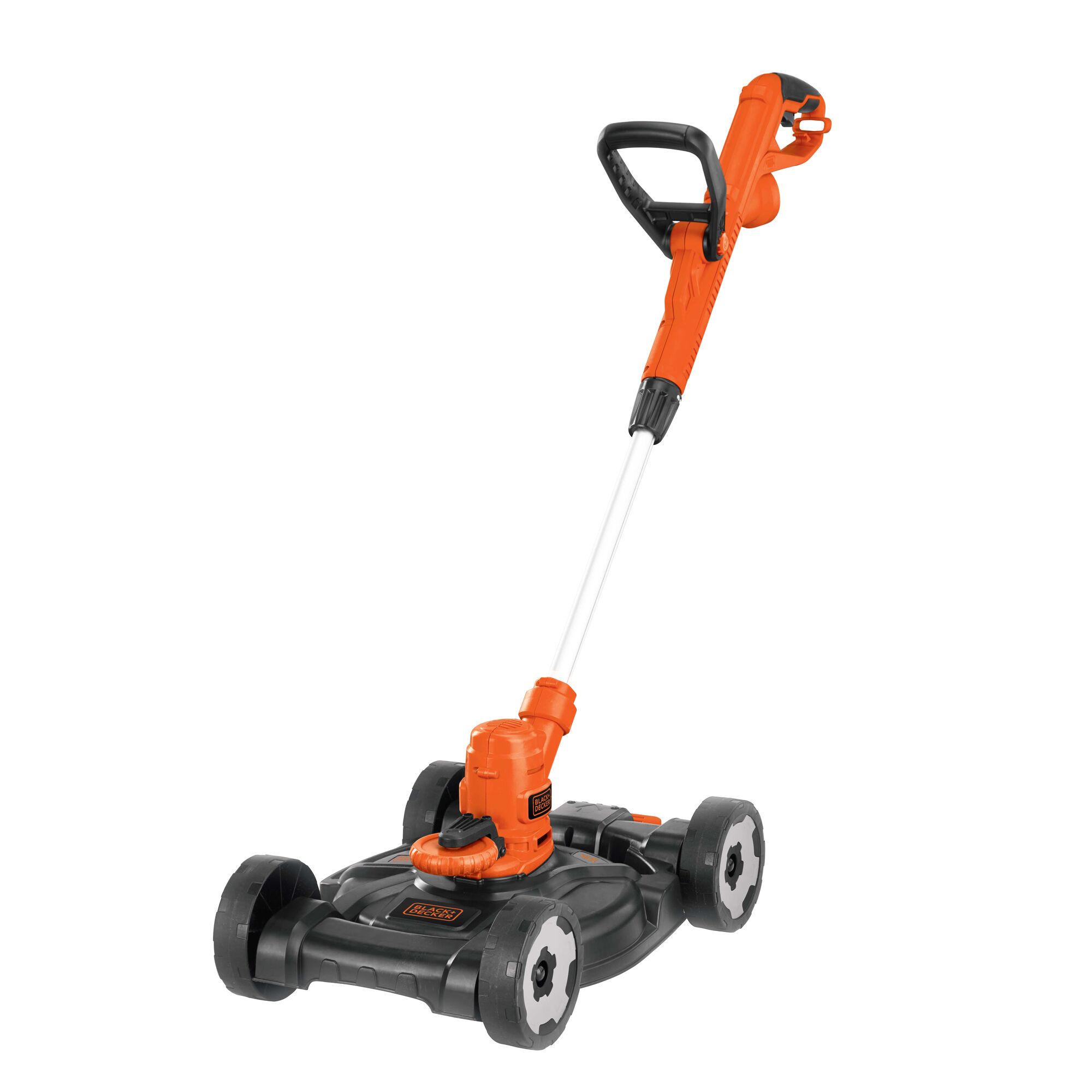 BLACKDECKER MTE912 lawn mower and trimmer, orange and black, side angle on white background.