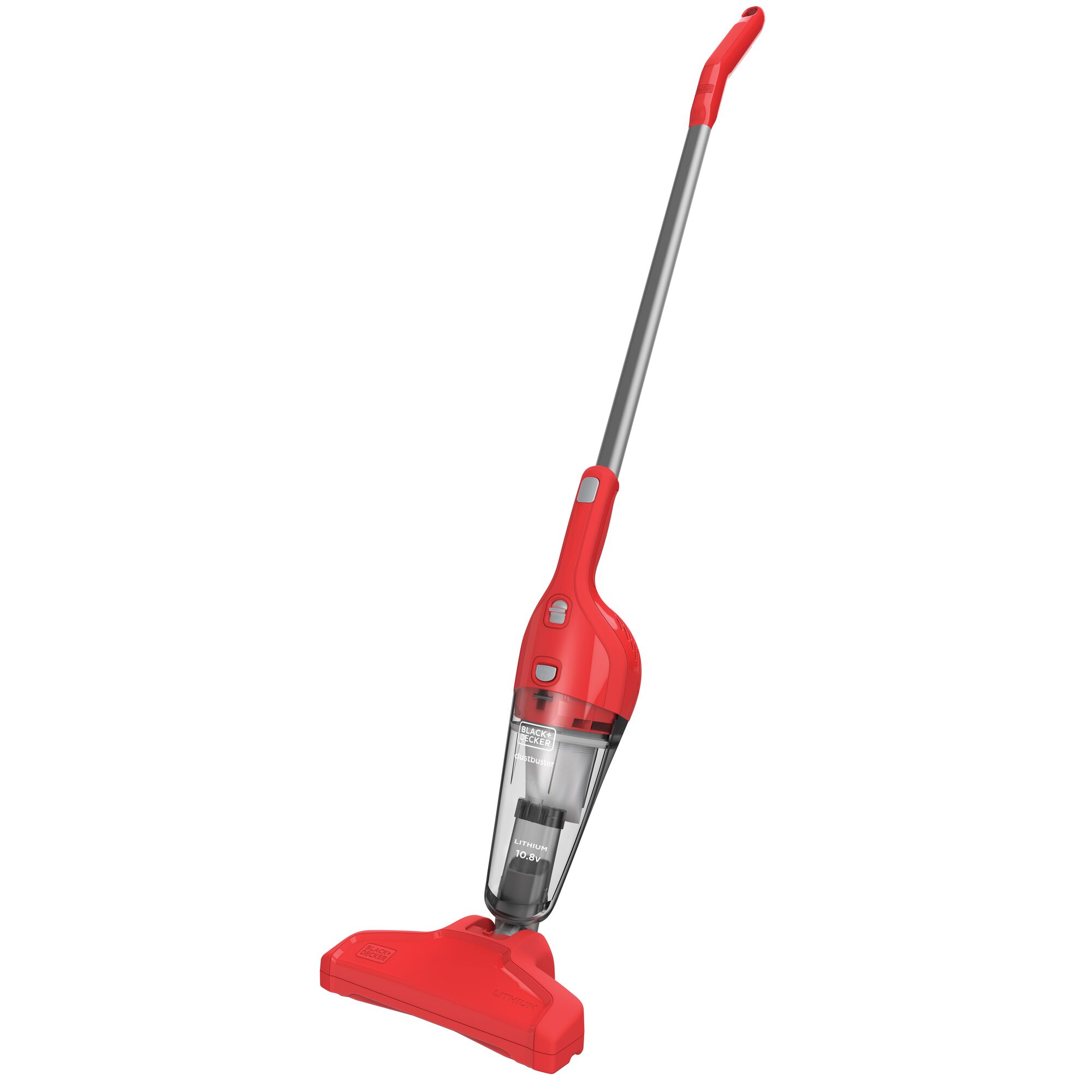 BLACKDECKER NSVA315JR red cordless stick vacuum cleaner with transparent dustbin, front angle on white background.