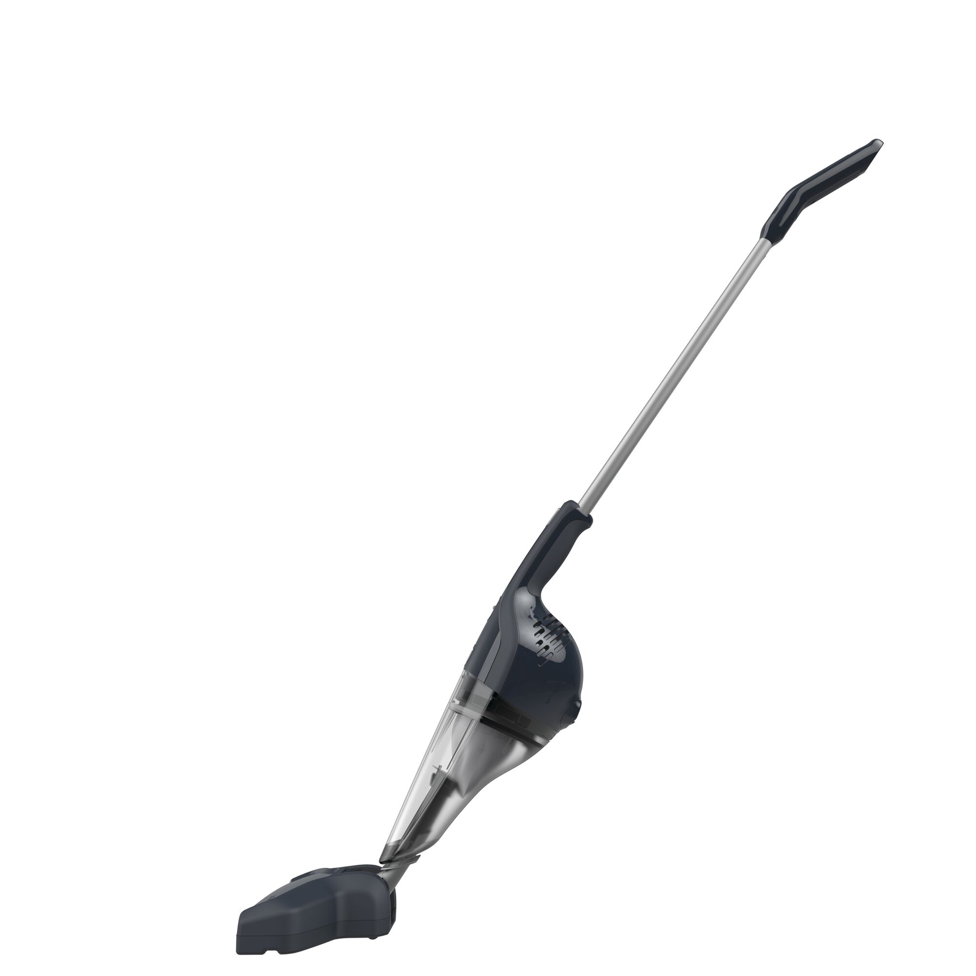 BLACKDECKER NSVA315J stick vacuum cleaner, side angle, black and gray, photography on white background.