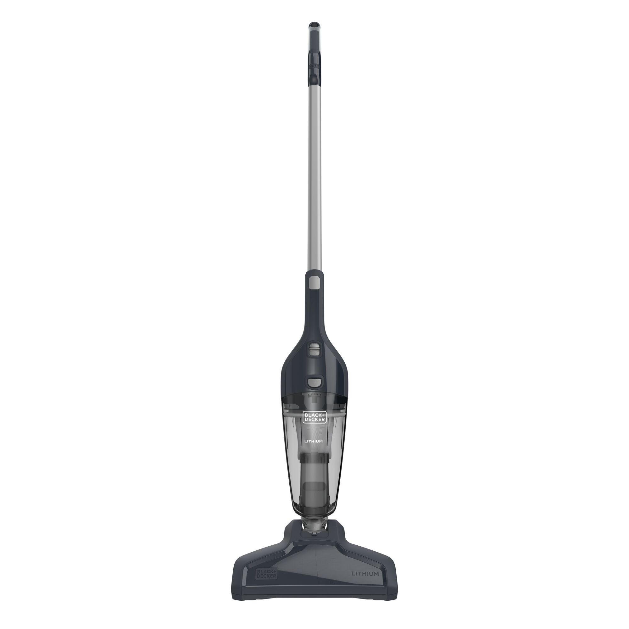 BLACKDECKER NSVA315J stick vacuum, dark gray, upright front angle on white background.