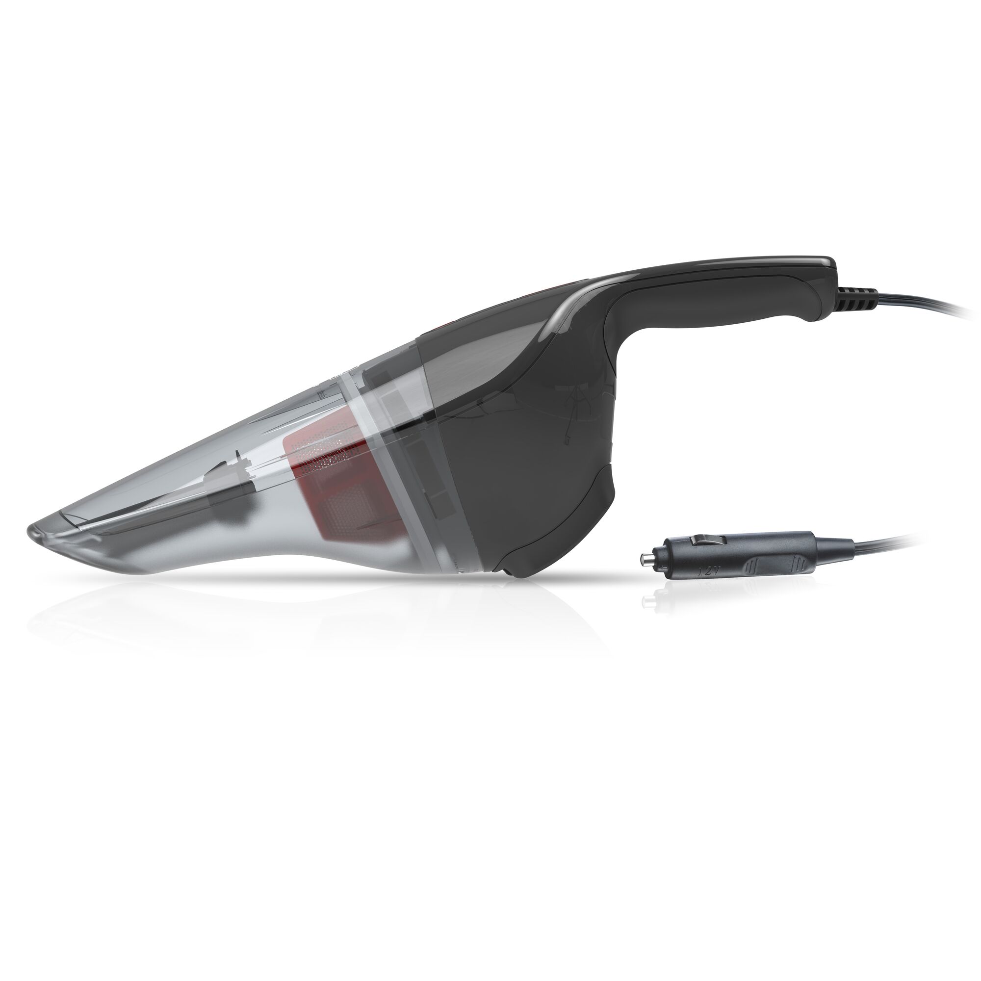 BLACKDECKER NV1200AV handheld car vacuum, black and clear plastic, side view, attached power cord.