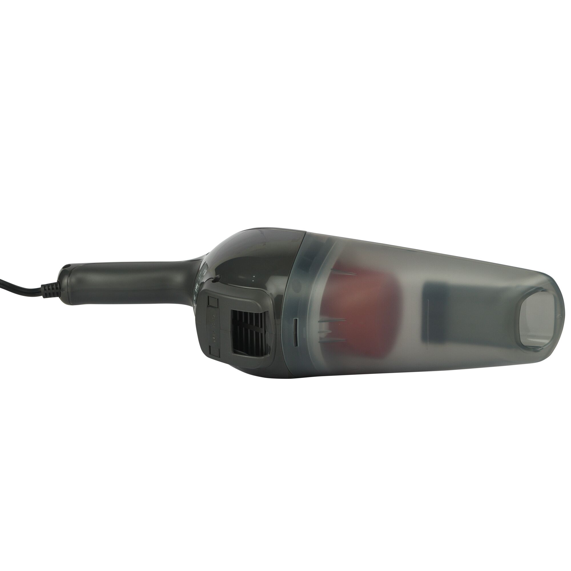 BLACKDECKER NV1200AV handheld vacuum cleaner, side view, grey and transparent design, photography