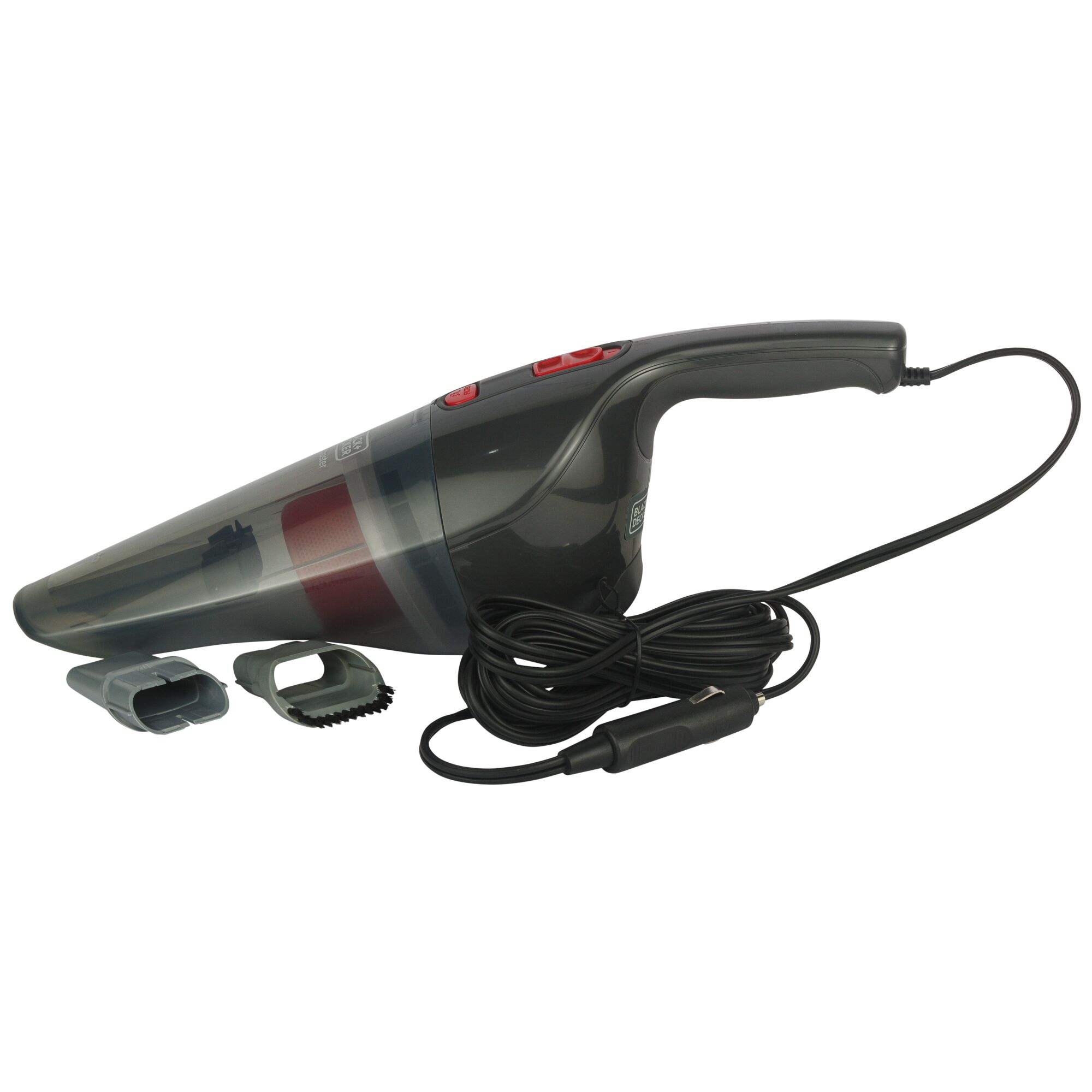 BLACKDECKER NV1200AV handheld vacuum cleaner with cord and accessories in side view on white background.