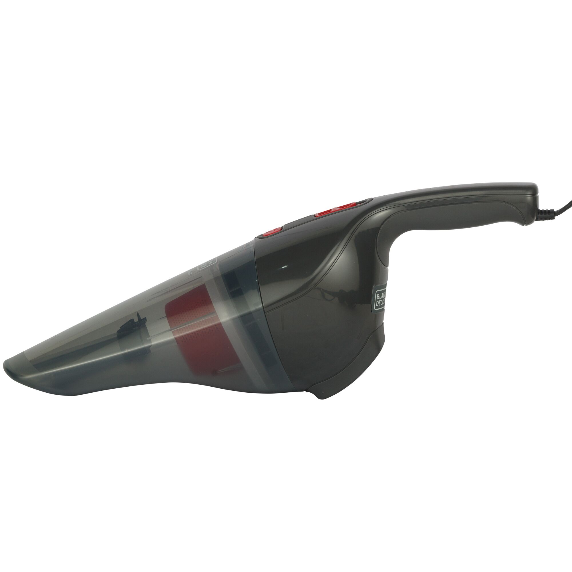 BLACKDECKER NV1200AV handheld vacuum cleaner side view, black and grey with red filter components.