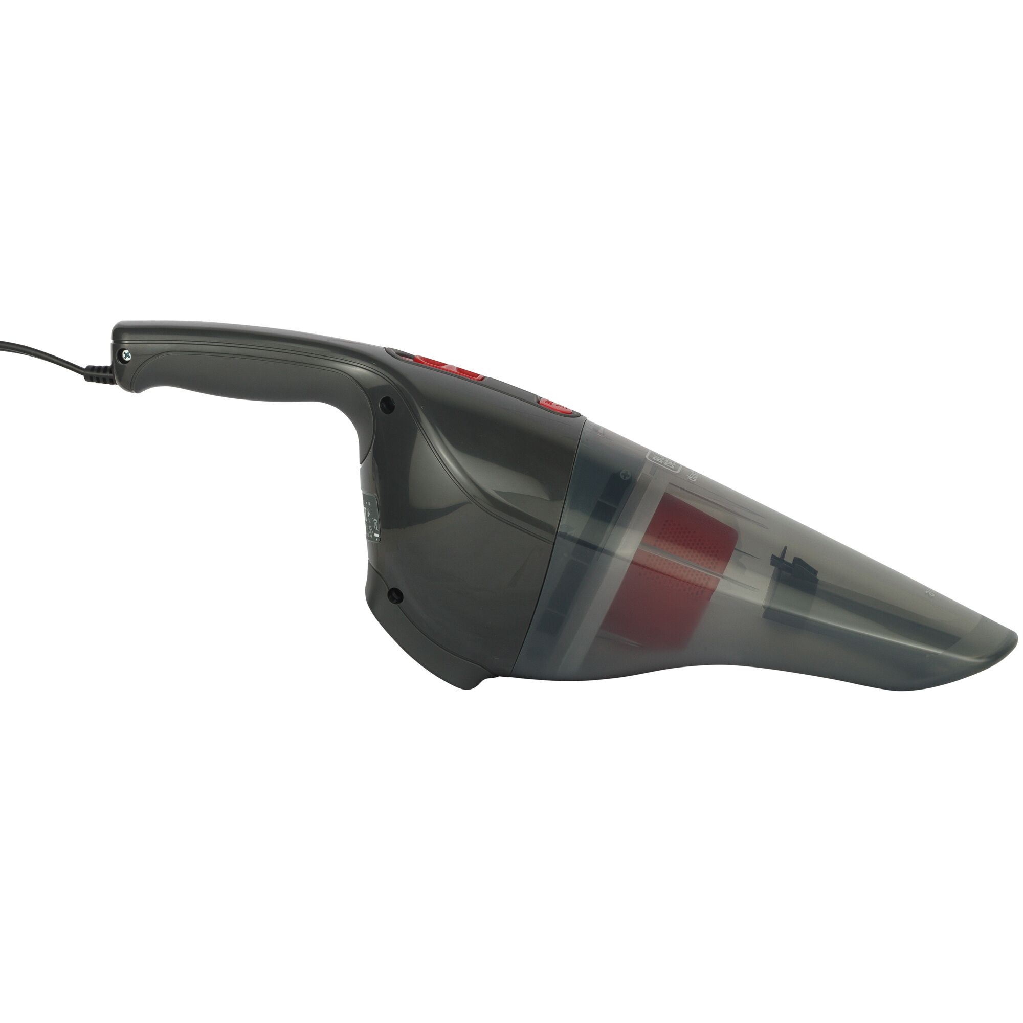 BLACKDECKER NV1200AV handheld vacuum cleaner in black, side angle on white background.