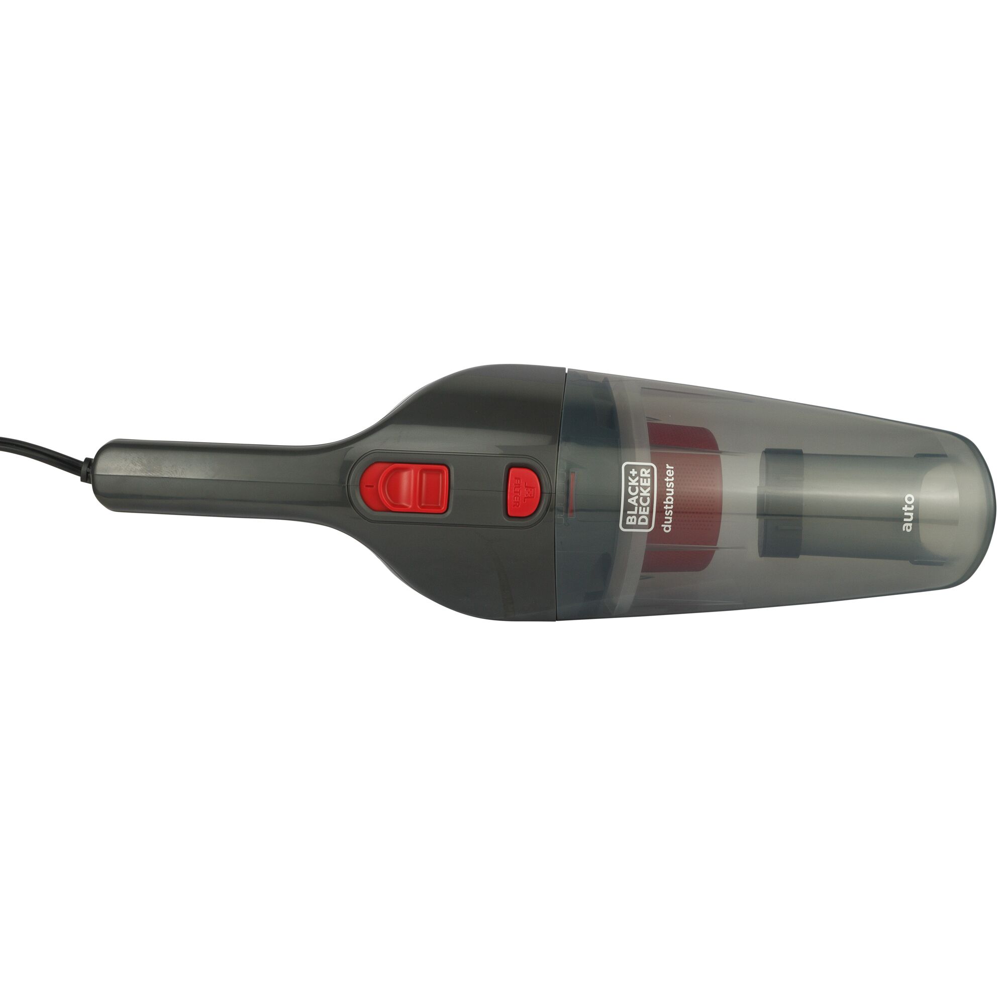 BLACKDECKER NV1200AV handheld vacuum cleaner, grey and red, side angle, white background.