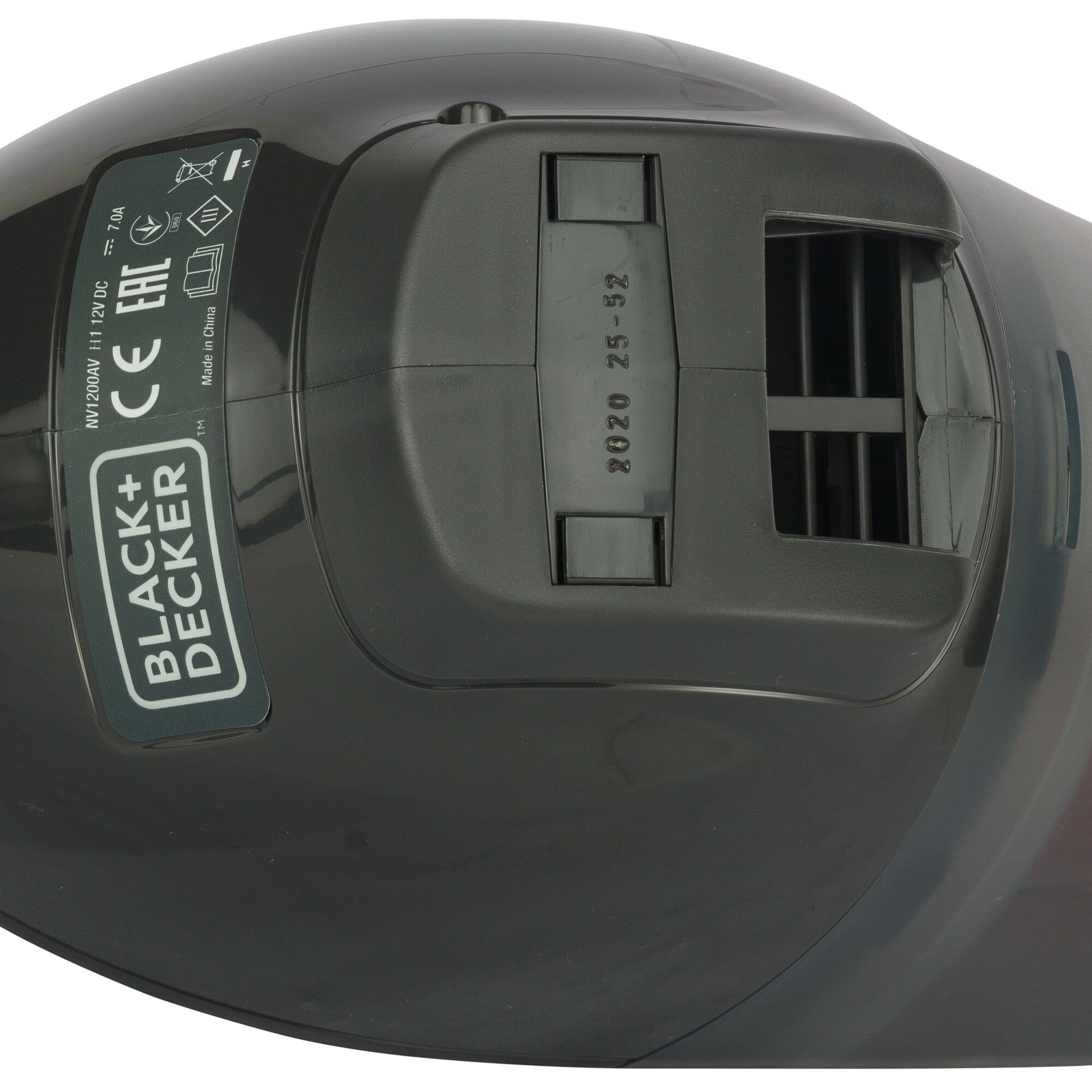 BLACK+DECKER NV1200AV handheld vacuum cleaner top view with vent and control panel.