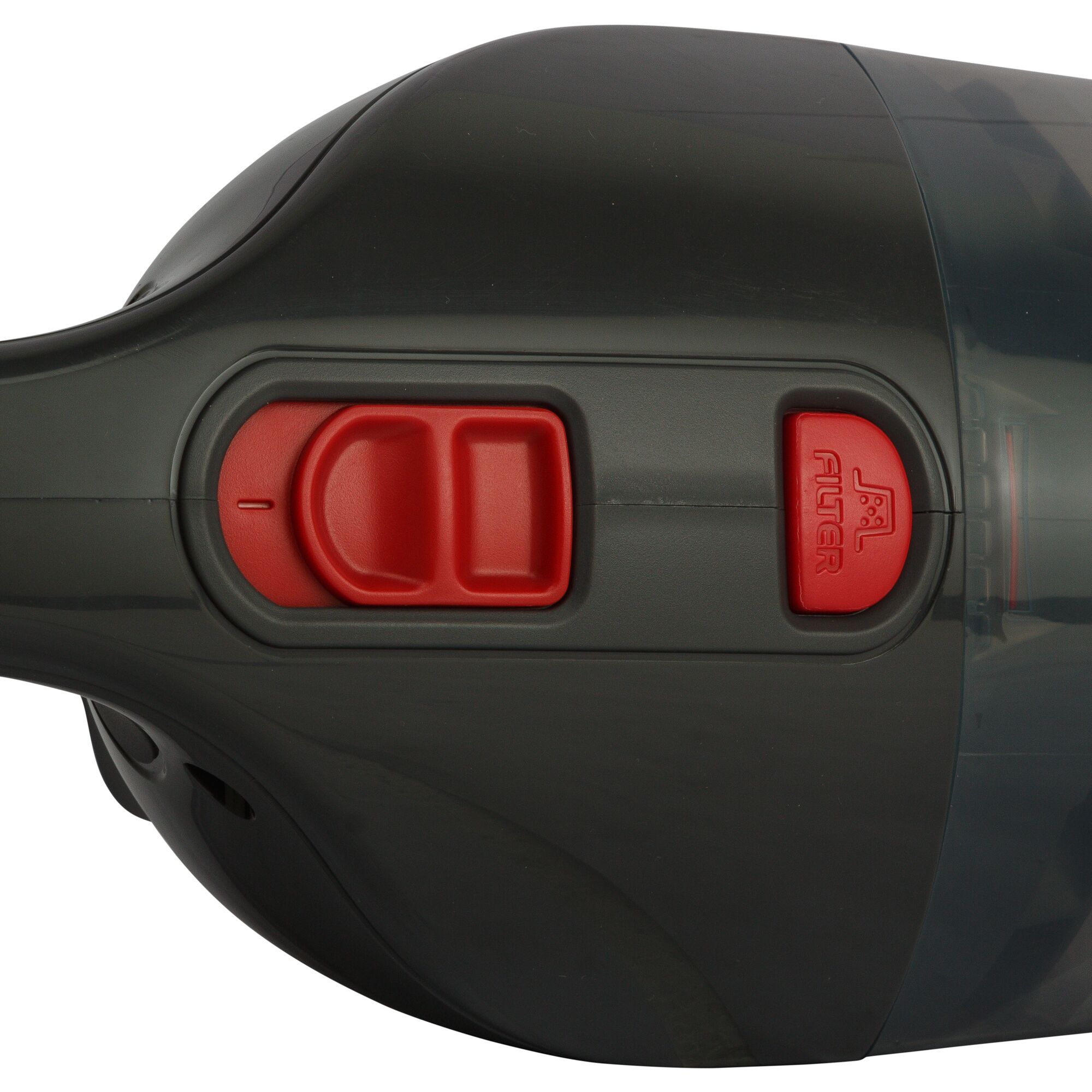 BLACKDECKER NV1200AV handheld vacuum close-up photo showing red filter and power buttons, side angle.