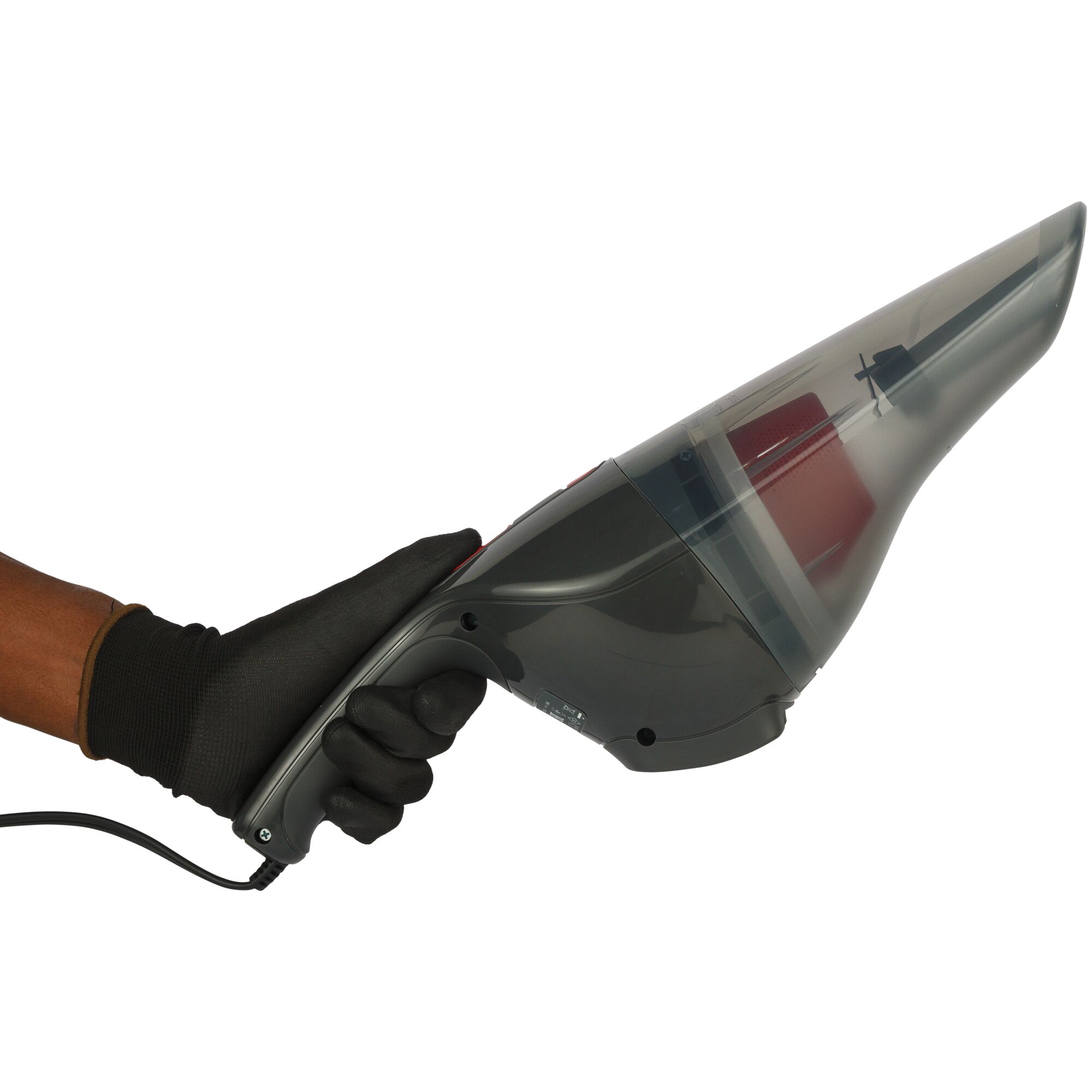 BLACKDECKER NV1200AV handheld vacuum cleaner side view, black and grey, held by a gloved hand.