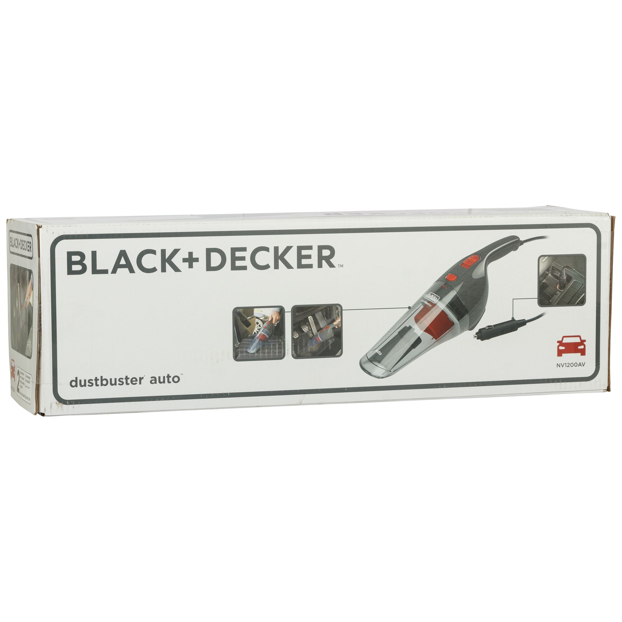 Photo of BLACK+DECKER NV1200AV dustbuster auto vacuum cleaner box, white background, product side view.