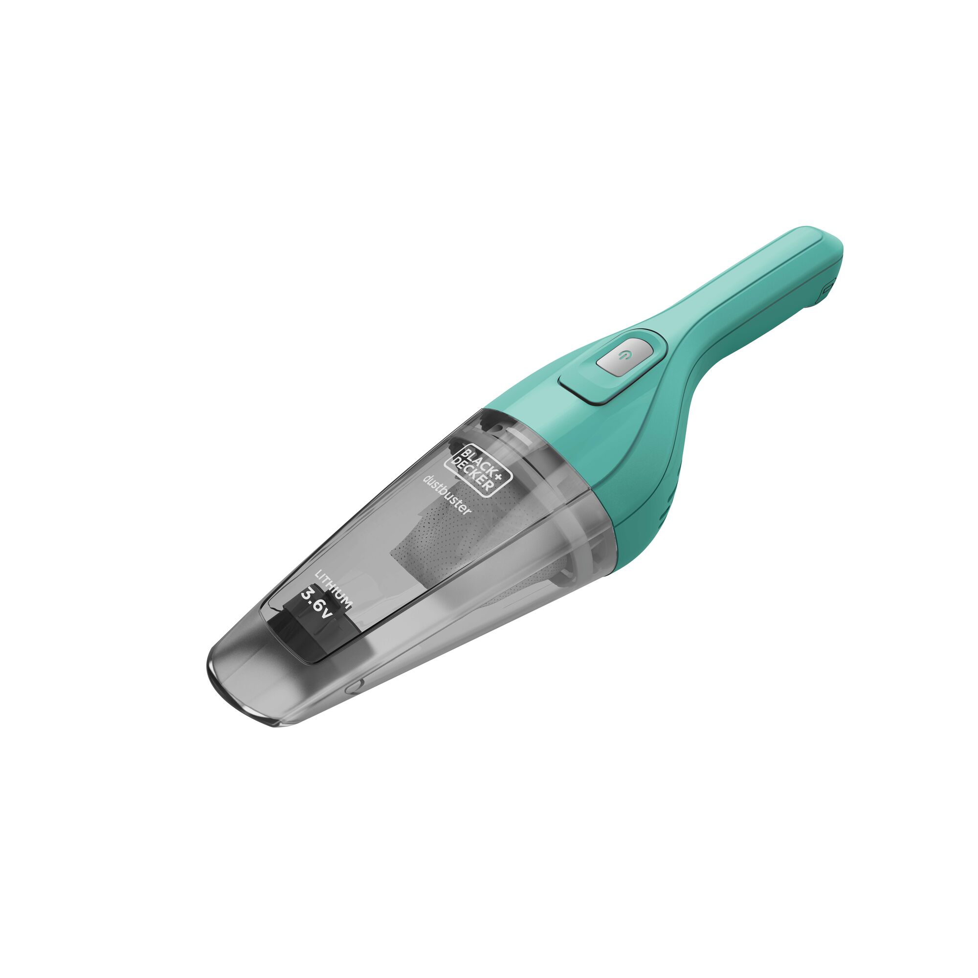 BLACKDECKER NVB115JM-B1 teal handheld vacuum cleaner, side angle, clear dust container, white background.
