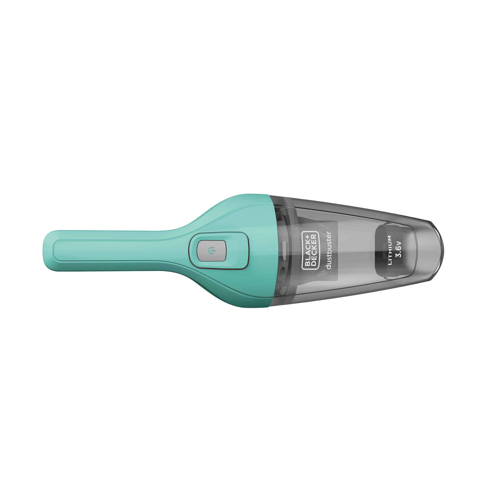 BLACKDECKER NVB115JM-B1 handheld vacuum, turquoise color, top angle, clear dust compartment.