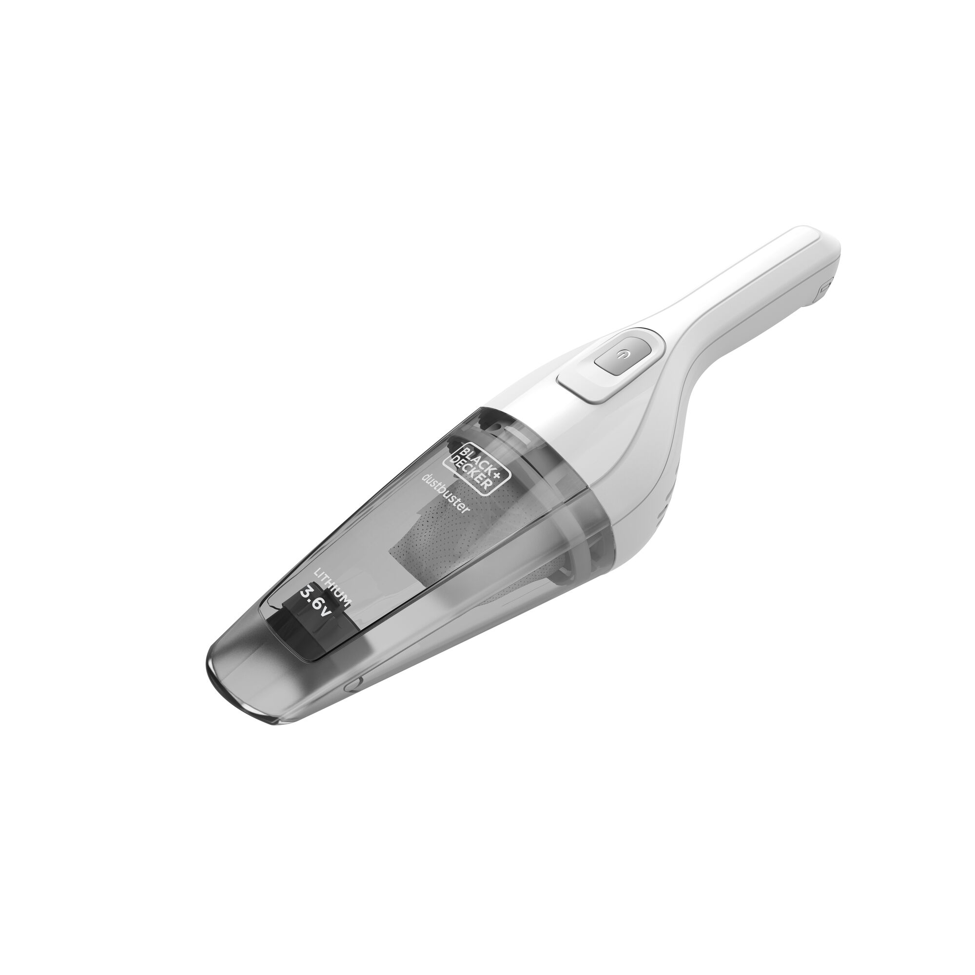 BLACKDECKER NVB115J handheld vacuum cleaner, white and grey, front angled view, photography.