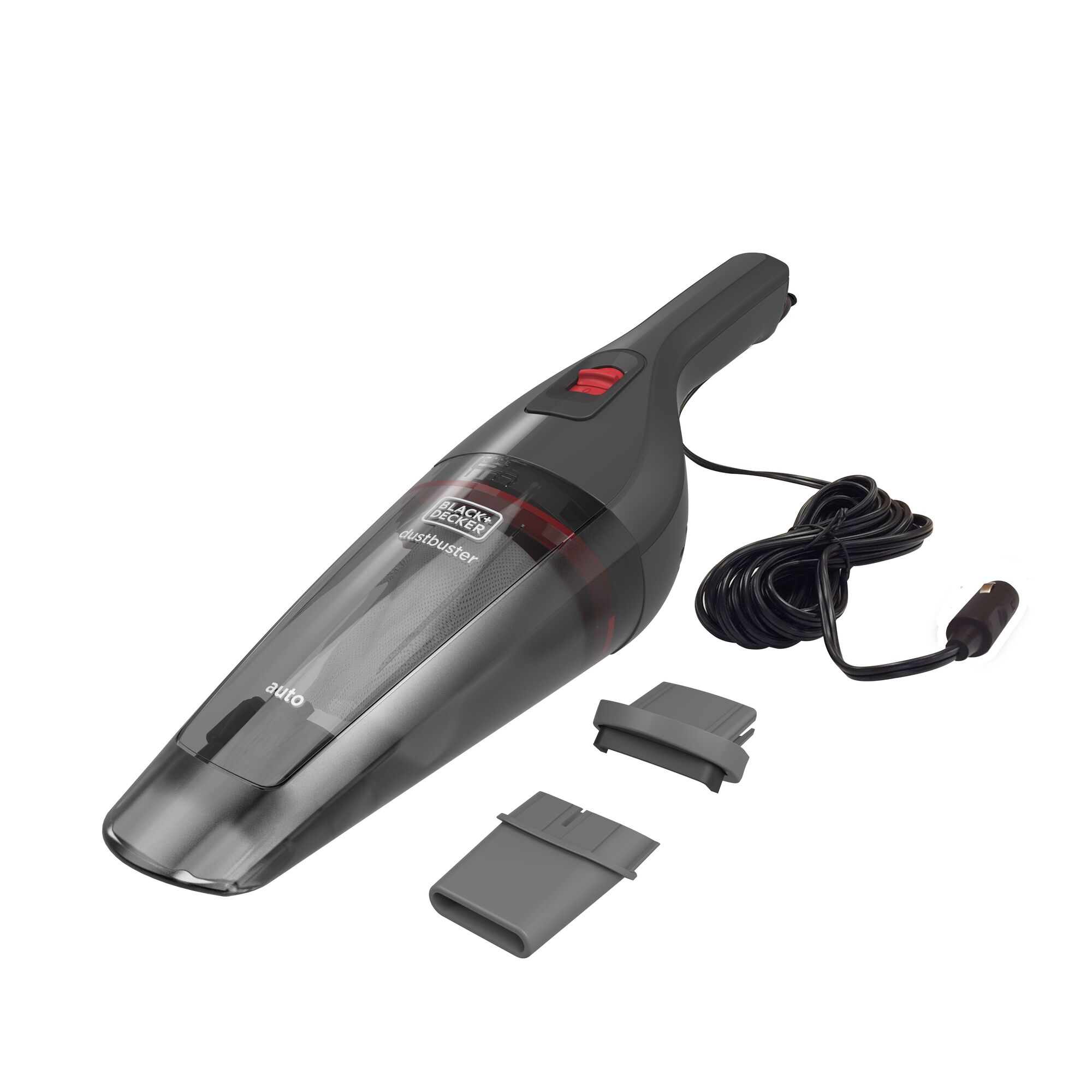 BLACKDECKER NVB12AVA handheld car vacuum with cord, two nozzle attachments, photo on white background