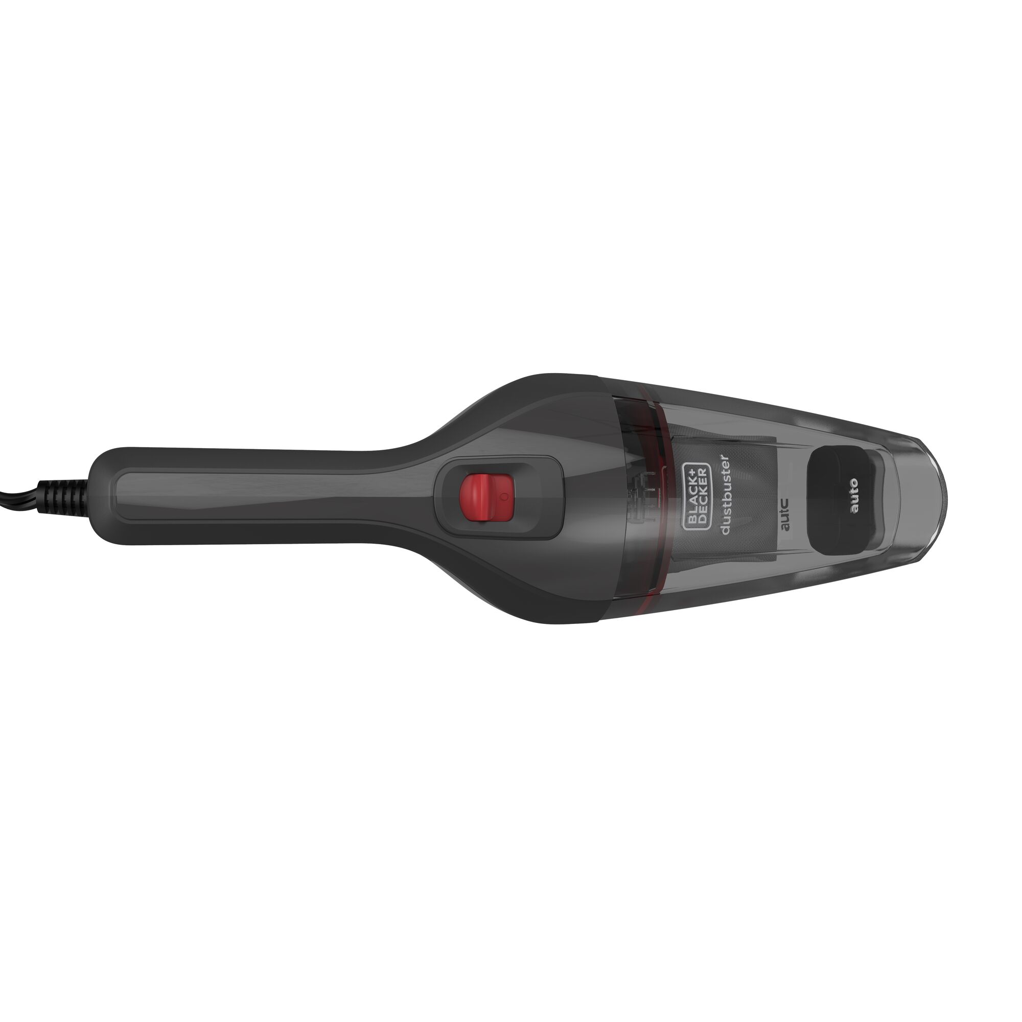 A BLACK+DECKER handheld vacuum cleaner, model NVB12AV, shown in a top-down view. The device is dark grey with a transparent dust container and a red power button.