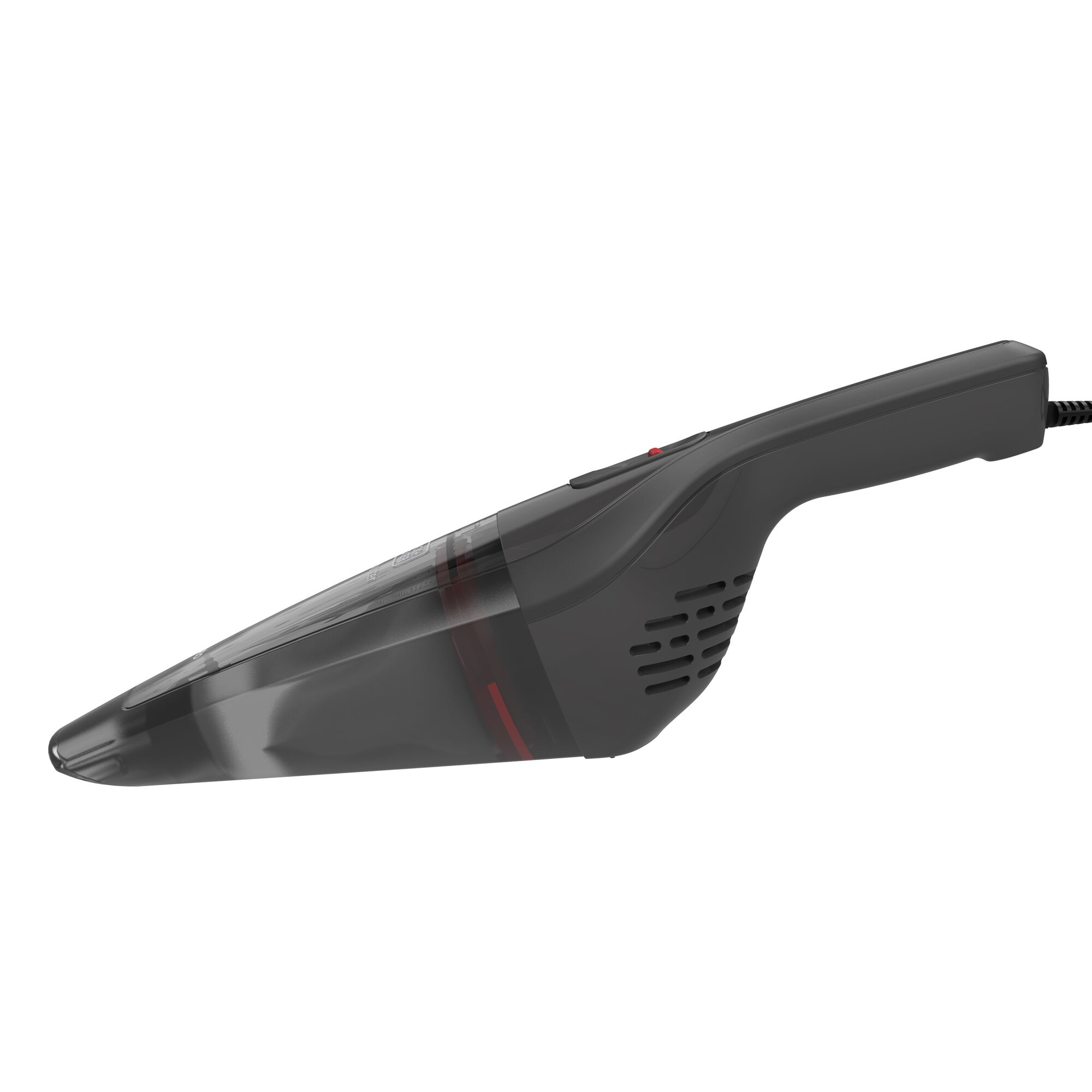 A BLACK+DECKER NVB12AV handheld vacuum cleaner in black, shown from the side on a white background.