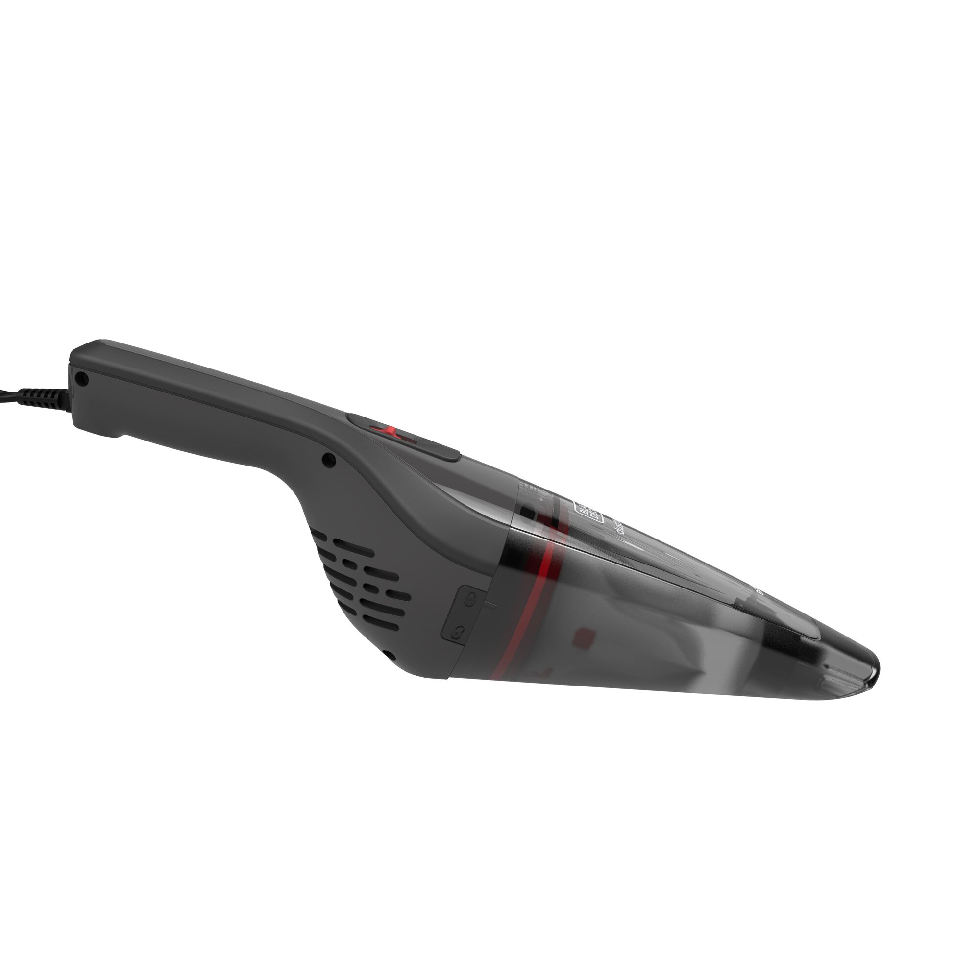 A BLACK+DECKER handheld vacuum cleaner, model NVB12AV, shown in a side view with a sleek dark grey exterior and a transparent dust chamber.