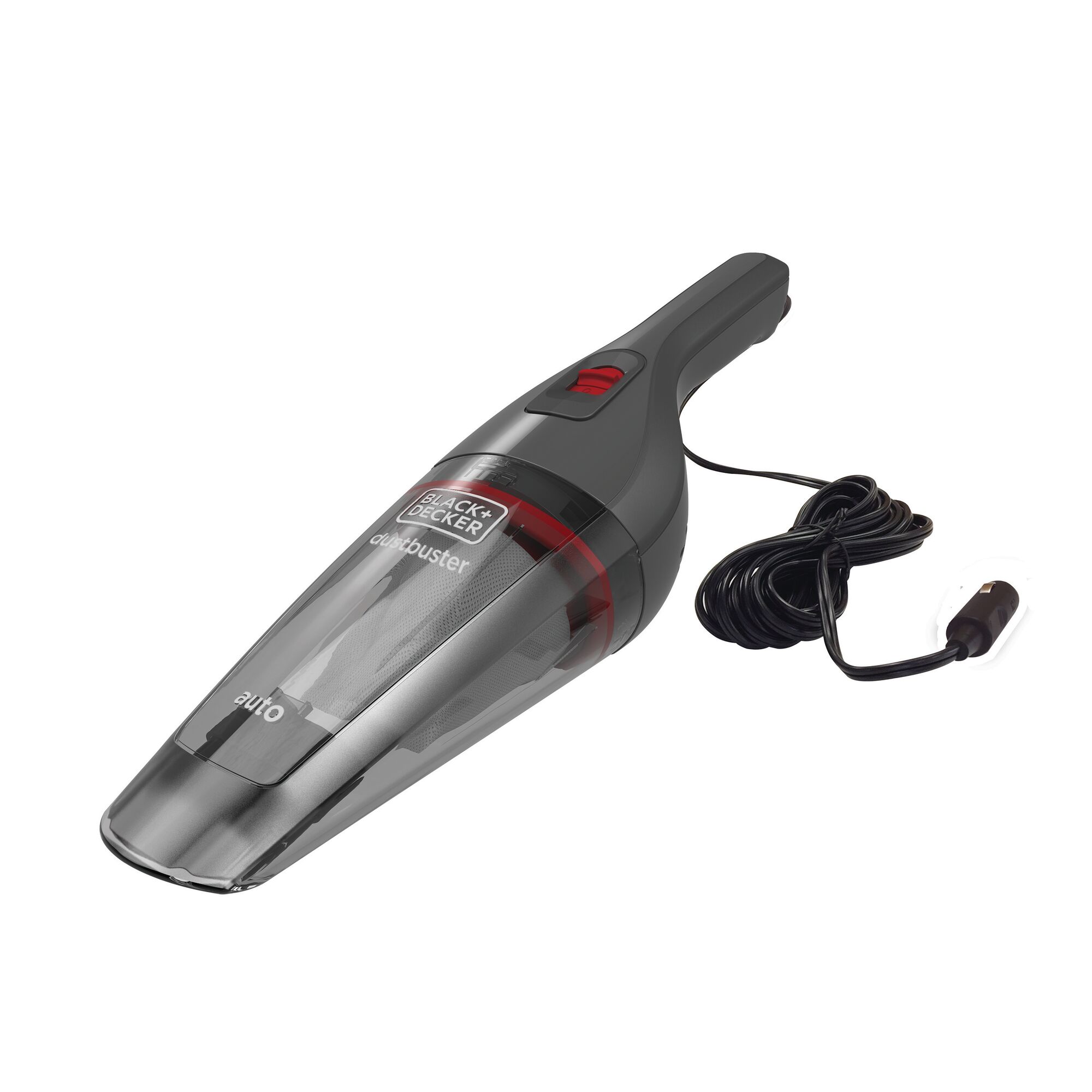 BLACK+DECKER NVB12AV handheld car vacuum cleaner, dark gray with transparent dustbin and power cord, angled view.