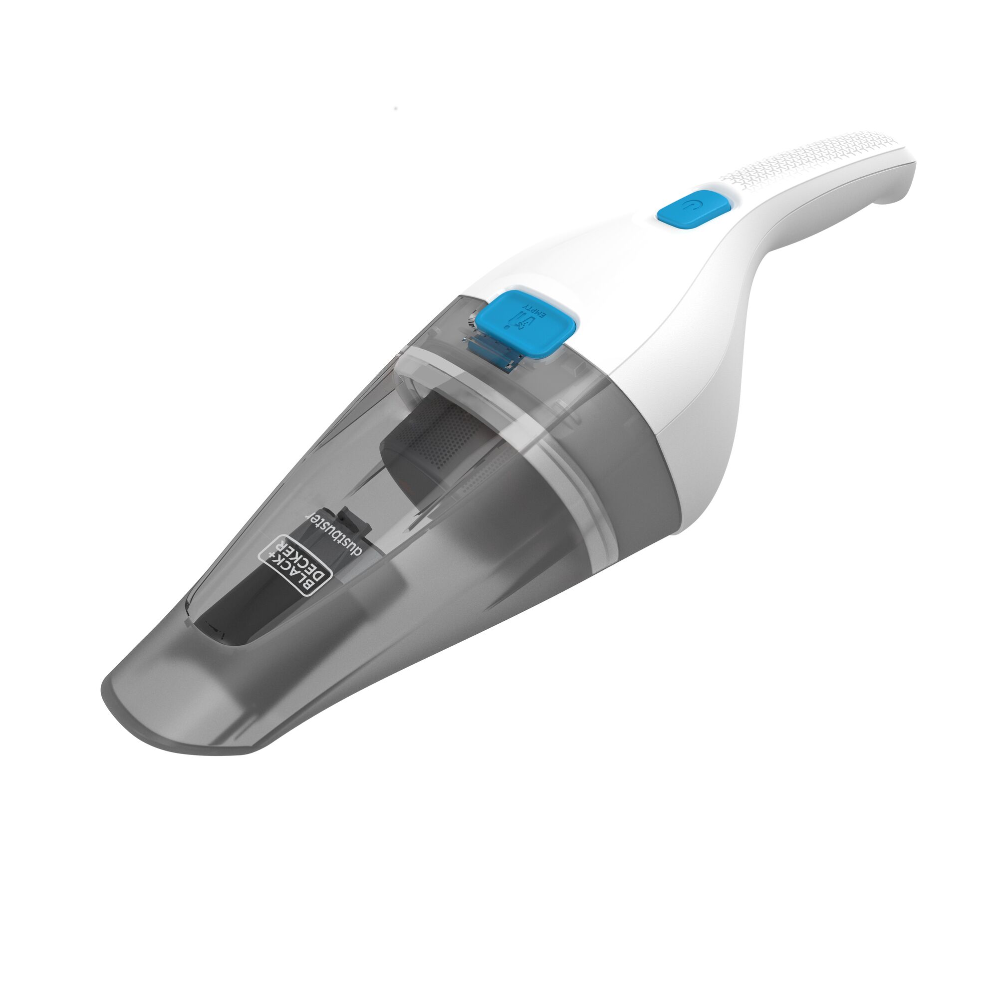 BLACK+DECKER NVC115JLW cordless handheld vacuum cleaner, white and gray, angled front view.